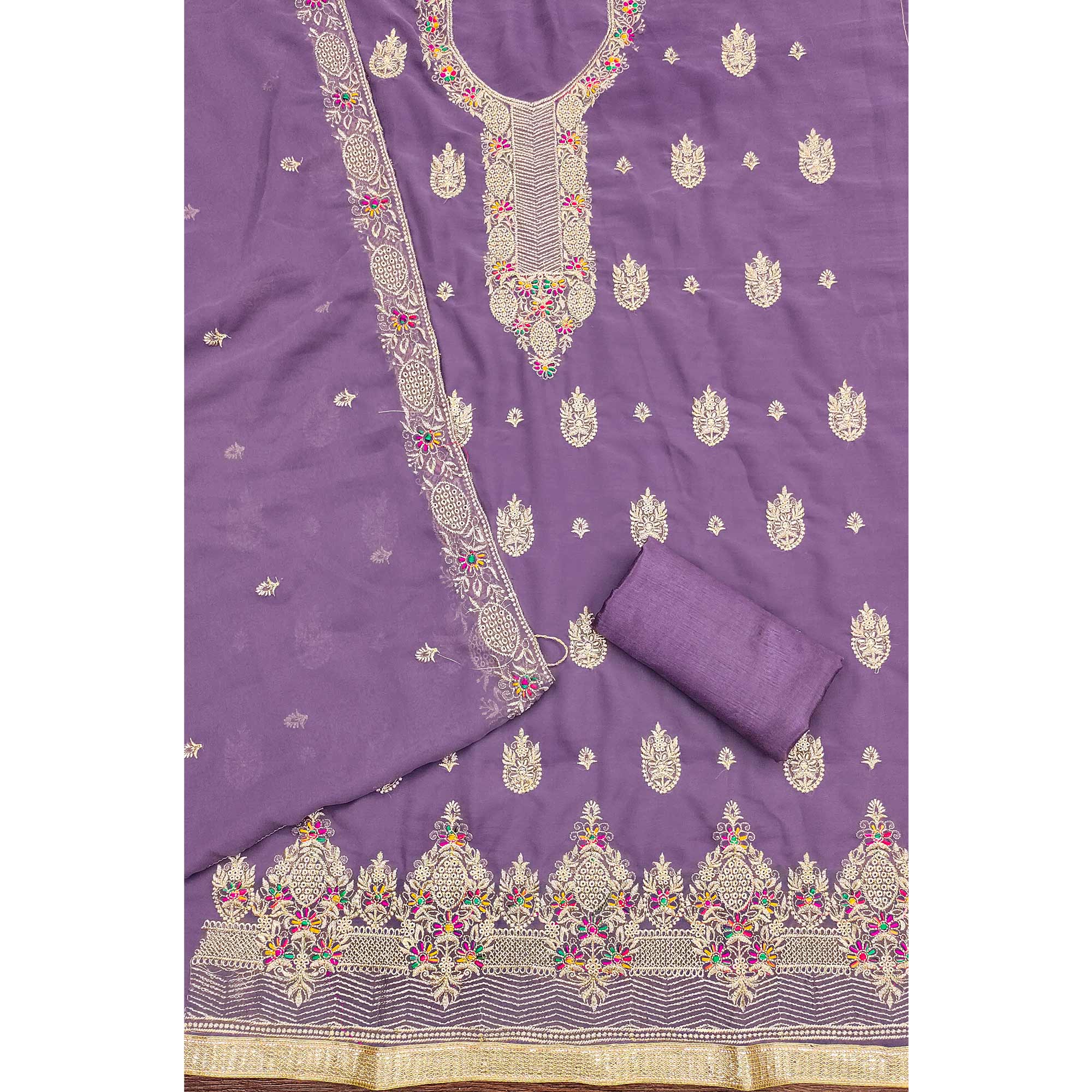 Lavender Designer Georgette Dress Material Adorned With Intricate Floral Embroidery - Image 4
