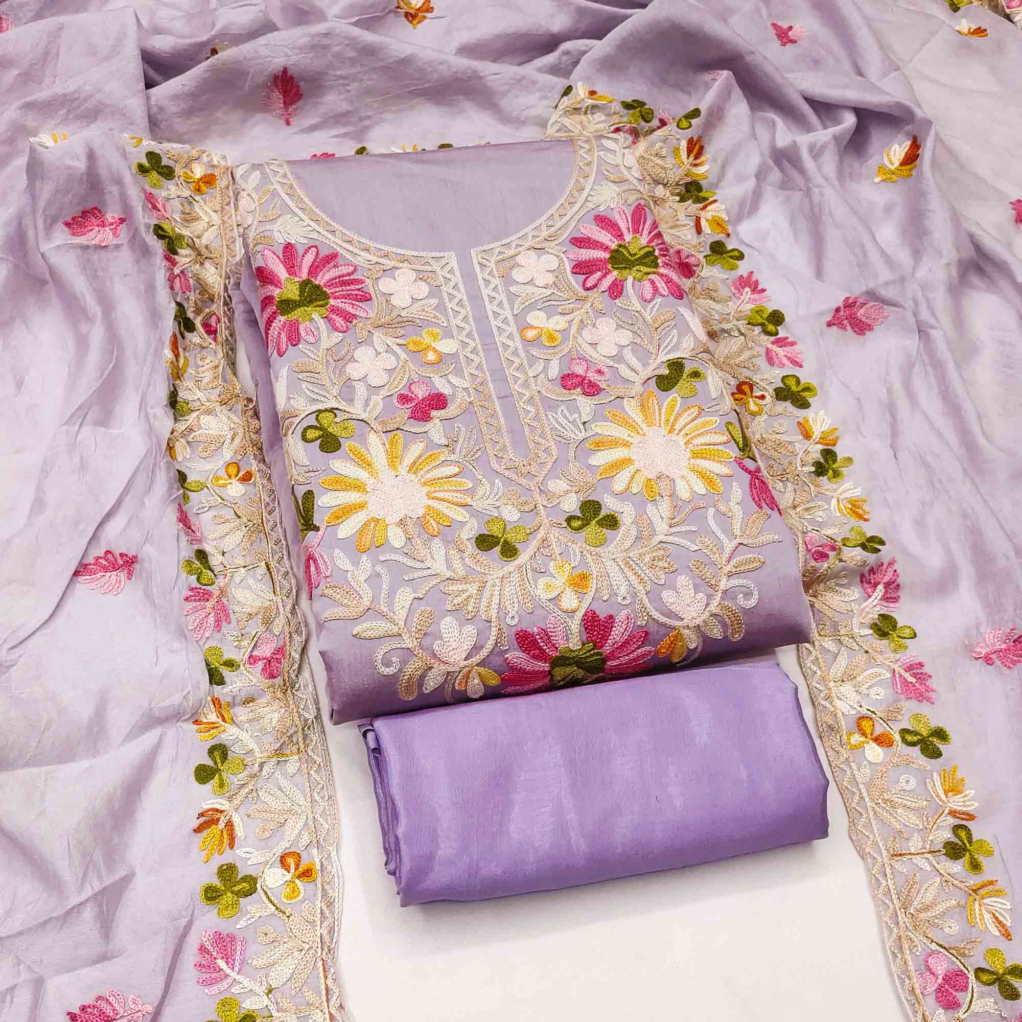 Lavender Designer Roman Art Silk Dress Material Adorned With Floral Thread Embroidery Work - Image 3