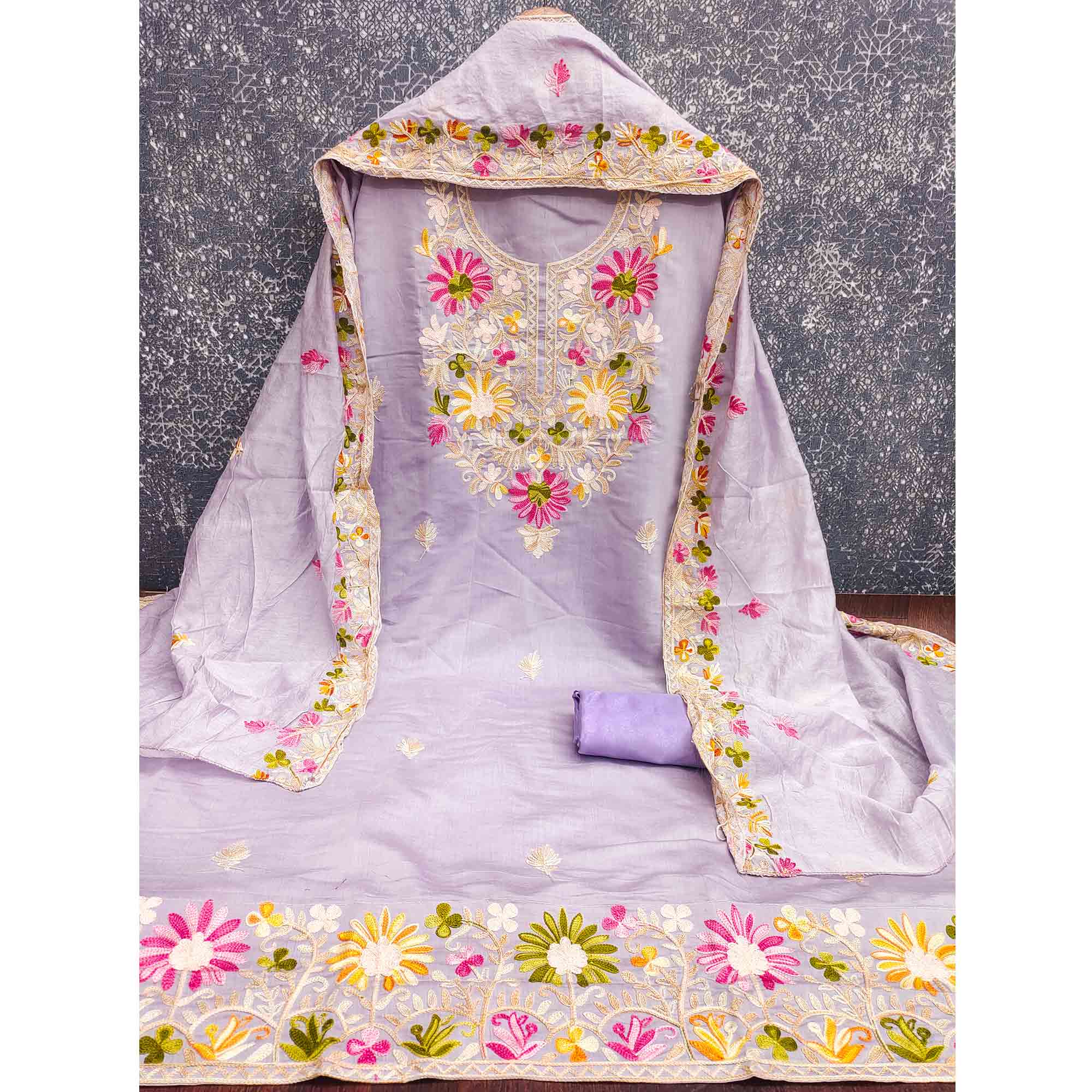 Lavender Designer Roman Art Silk Dress Material Adorned With Floral Thread Embroidery Work - Image 4