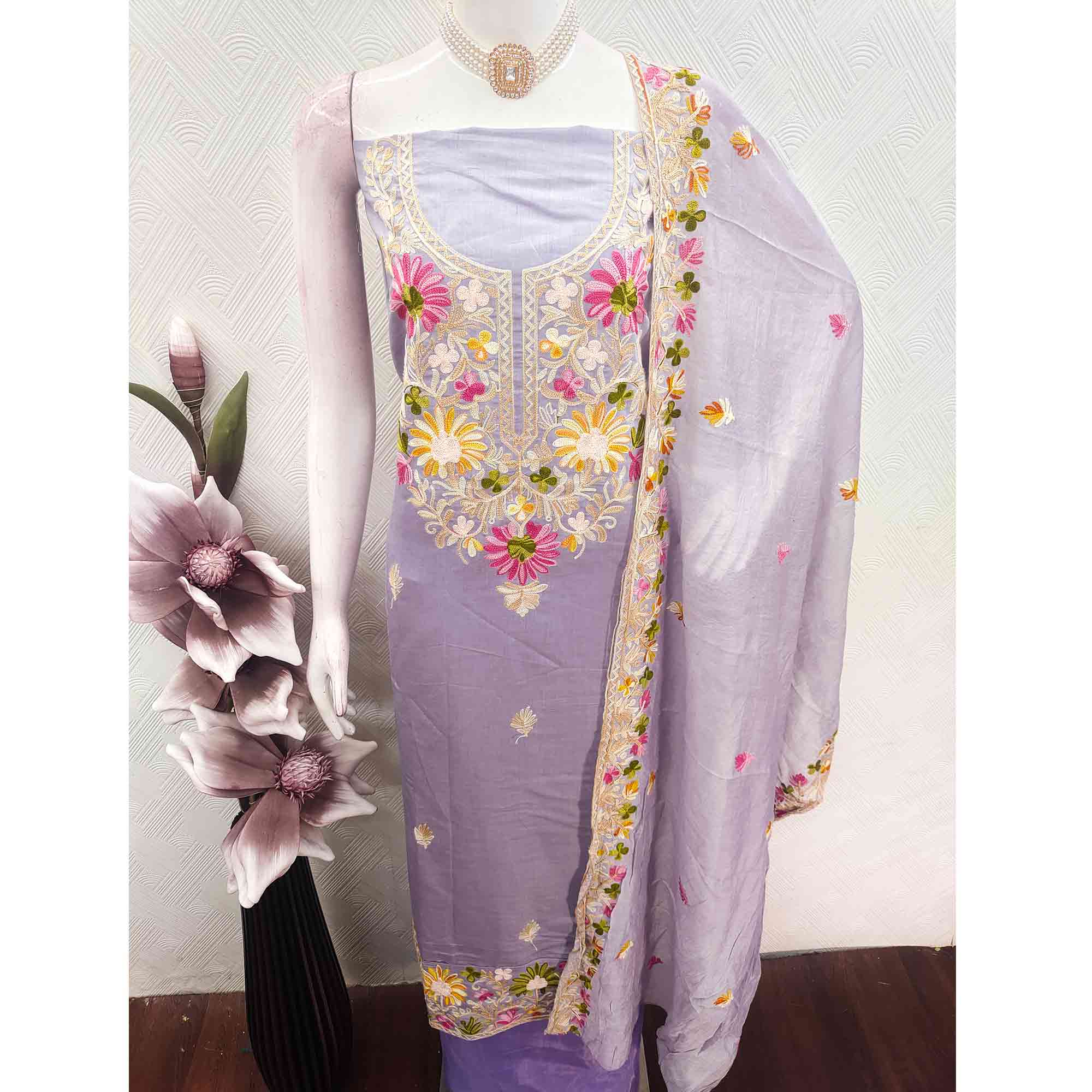 Lavender Designer Roman Art Silk Dress Material Adorned With Floral Thread Embroidery Work - Image 5