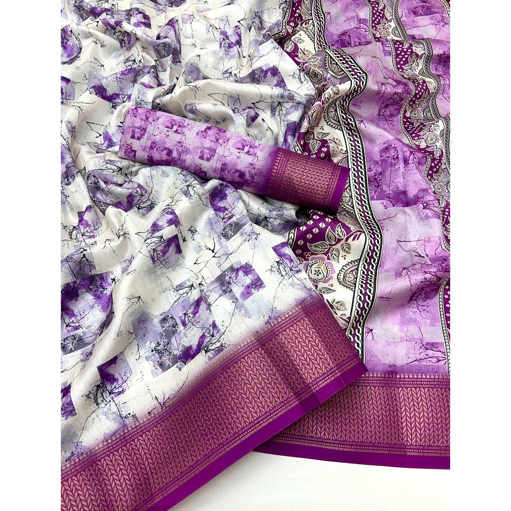 Lavender Digital Printed Dola Saree Featuring Elegant Weaving Border & Stylish Tassel Pallu - Image 3