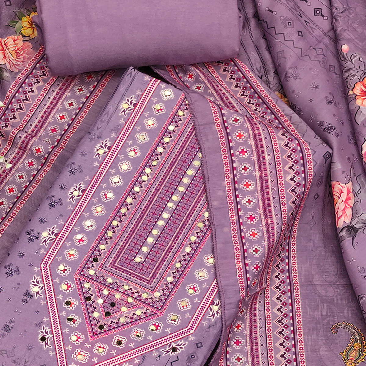 Lavender Dress Material in Muslin with Delicate Mirror Highlights - Image 2