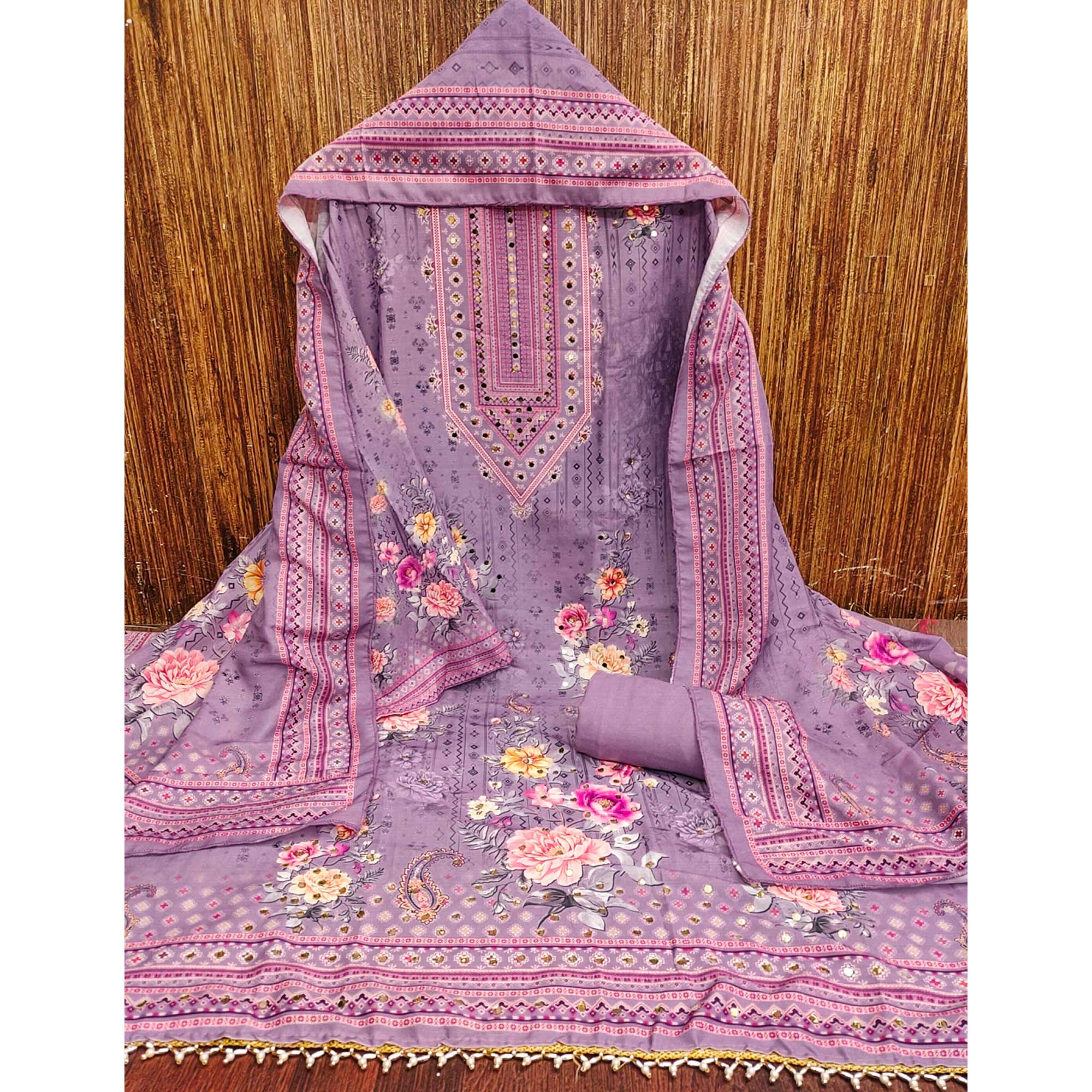 Lavender Dress Material in Muslin with Delicate Mirror Highlights - Image 3