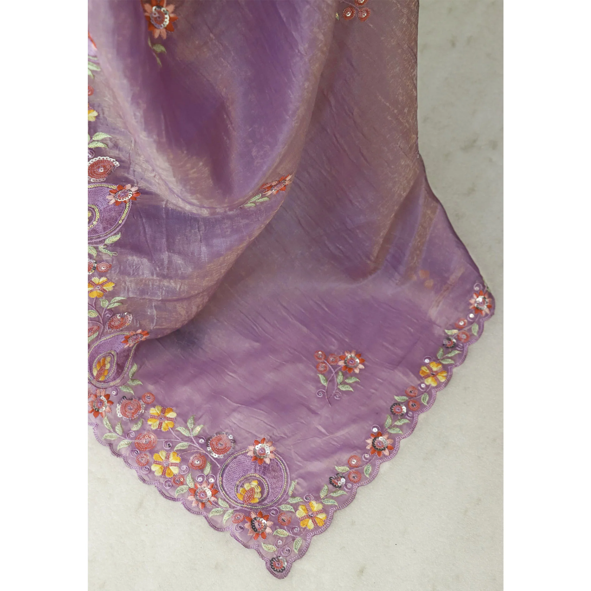 Lavender Elegance Cotton Silk Saree with Floral Sequins Embroidery - Image 9