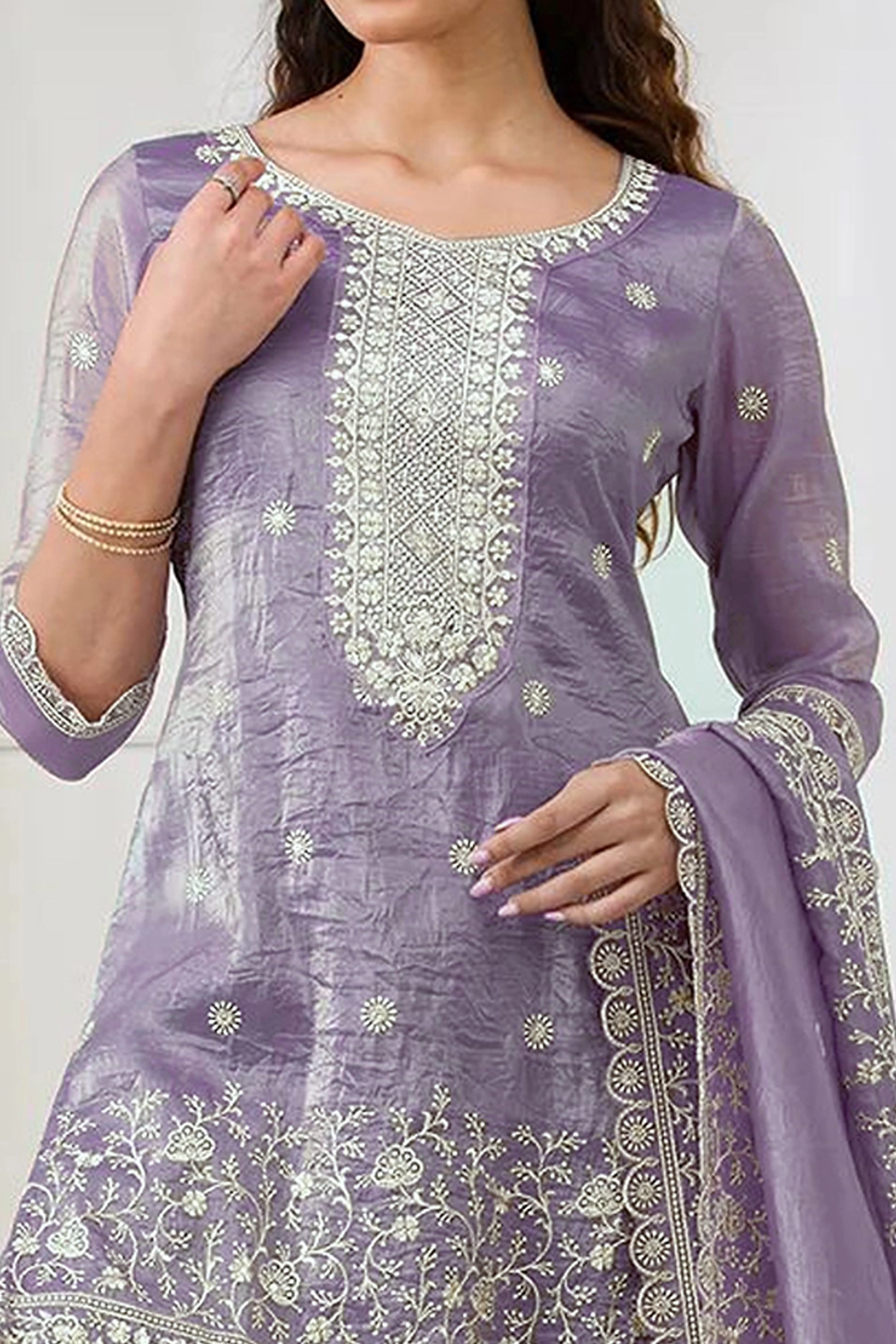 Lavender Elegant Embroidered Georgette Semi-Stitched Salwar Suit with Stylish Palazzo Bottoms - Image 2