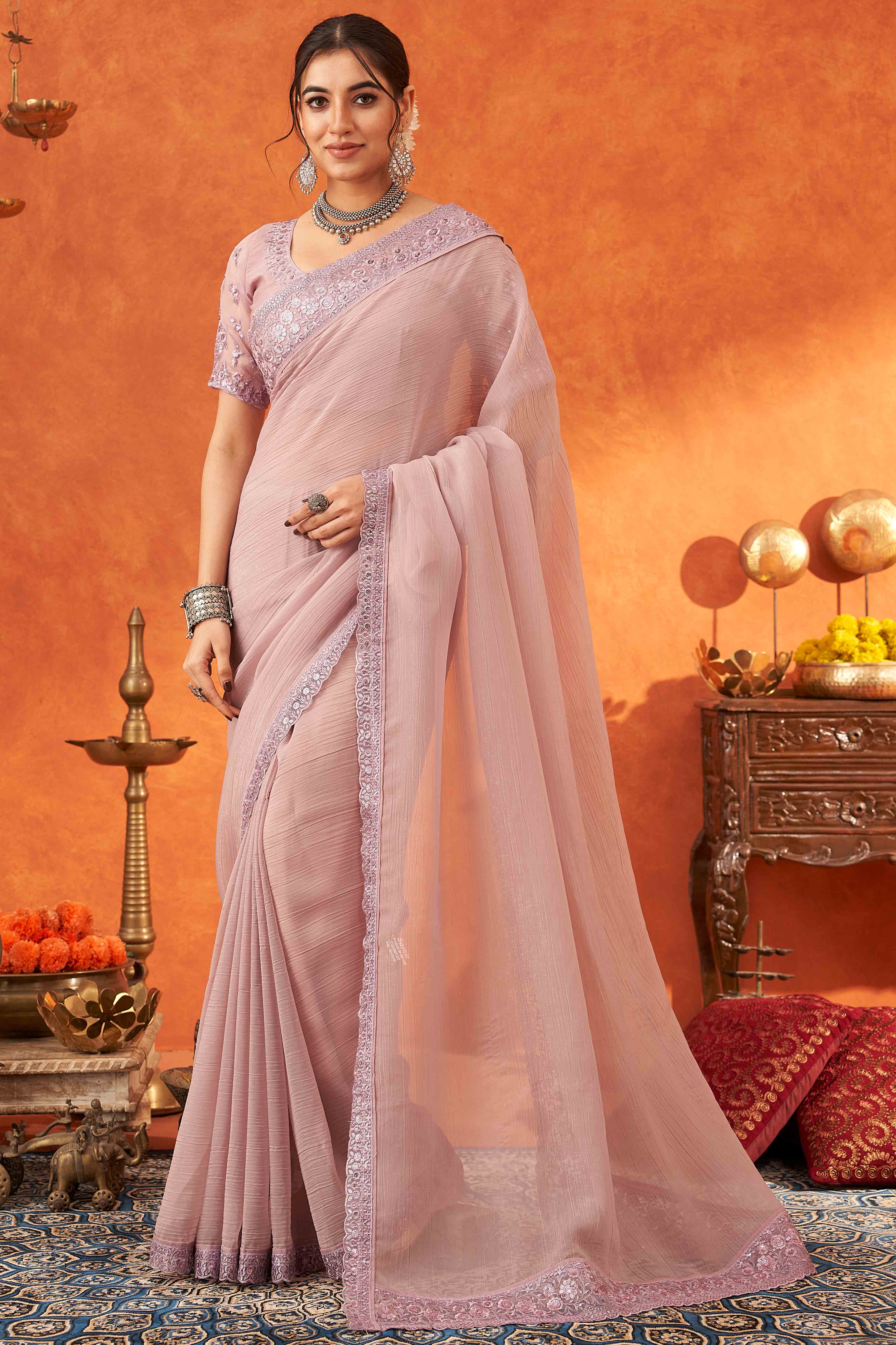 Lavender Embroidered Crunchy Soft Net Saree With Embellished Border - Image 3