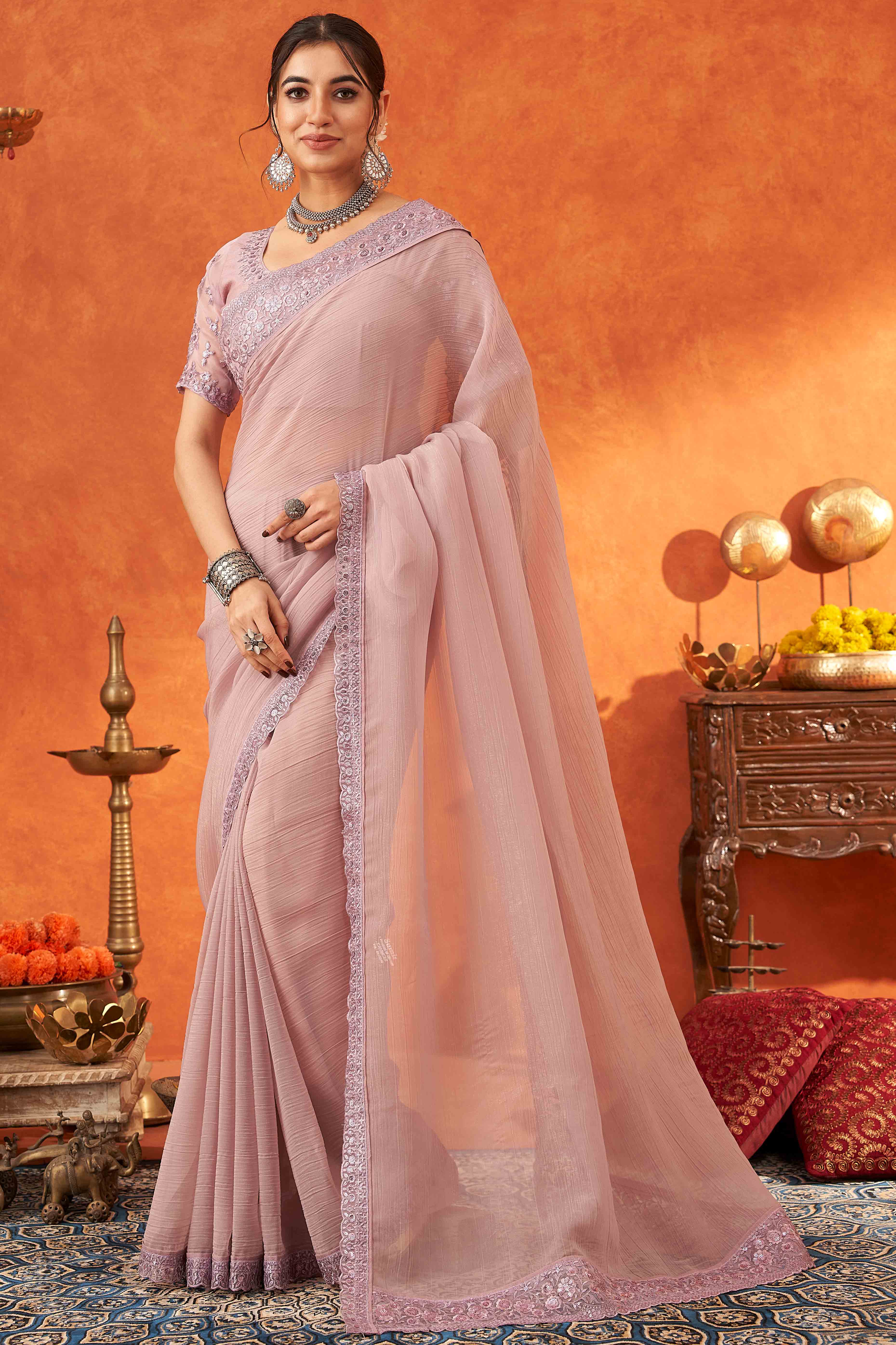 Lavender Embroidered Crunchy Soft Net Saree With Embellished Border - Image 4