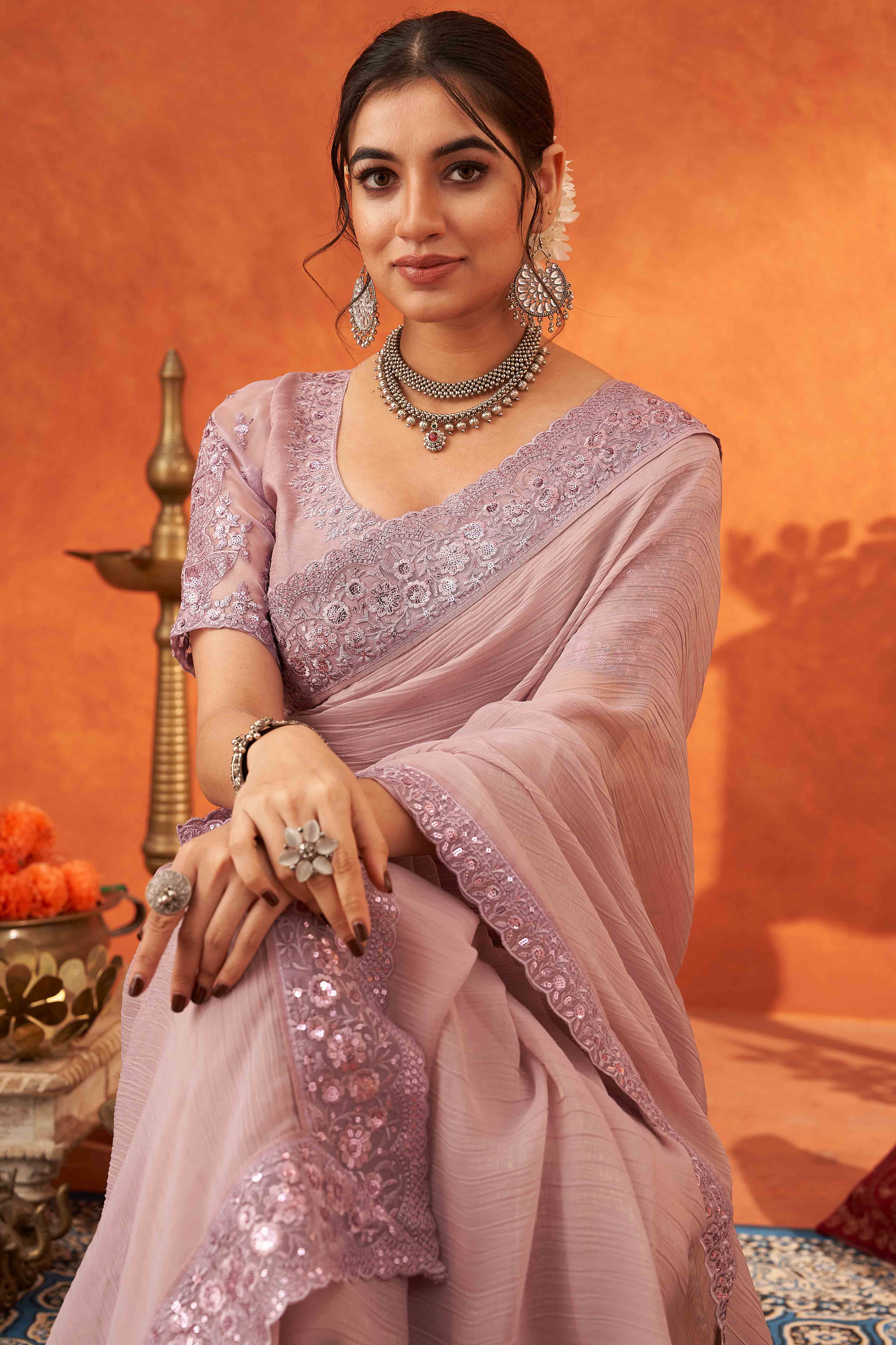 Lavender Embroidered Crunchy Soft Net Saree With Embellished Border - Image 5