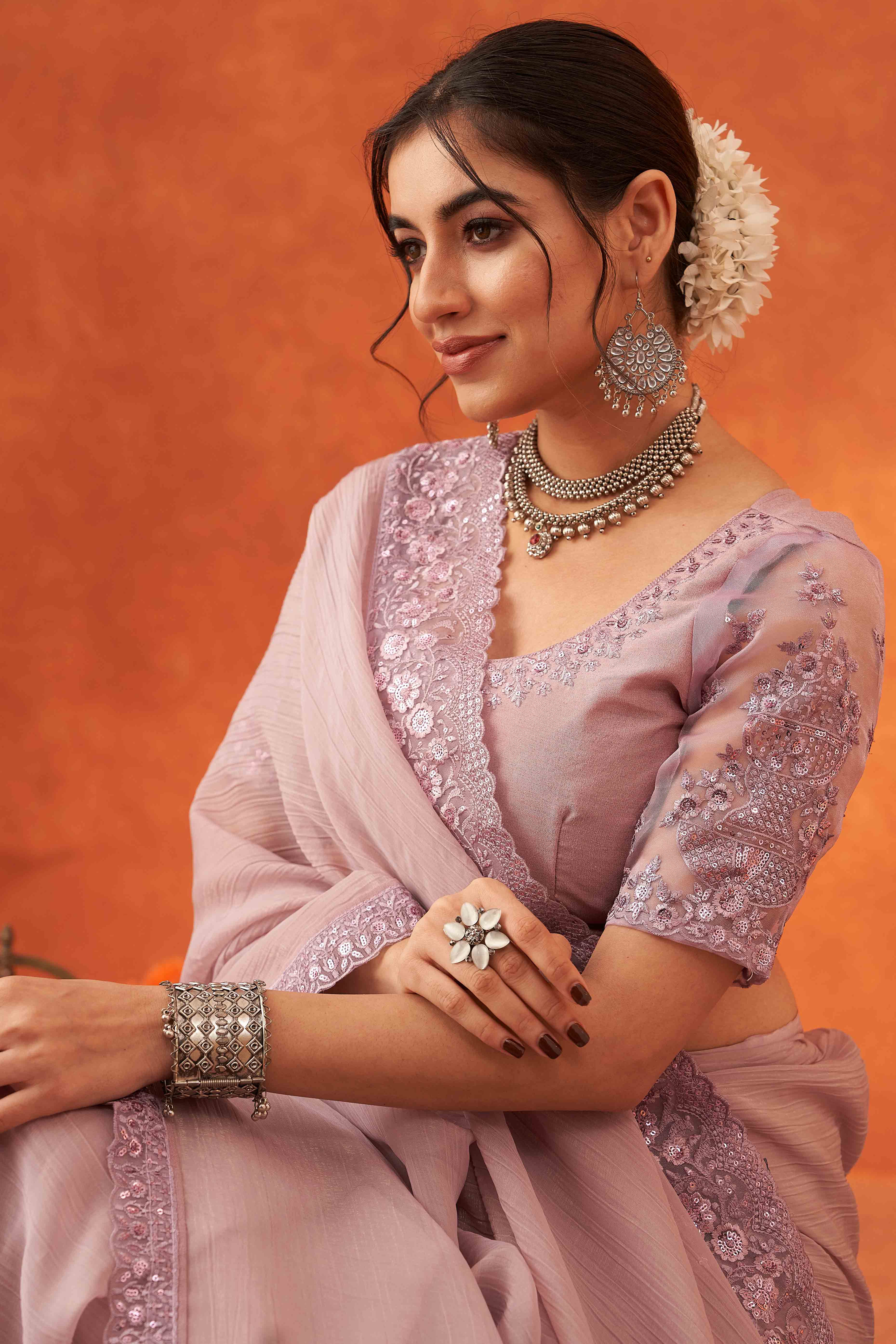 Lavender Embroidered Crunchy Soft Net Saree With Embellished Border - Image 7