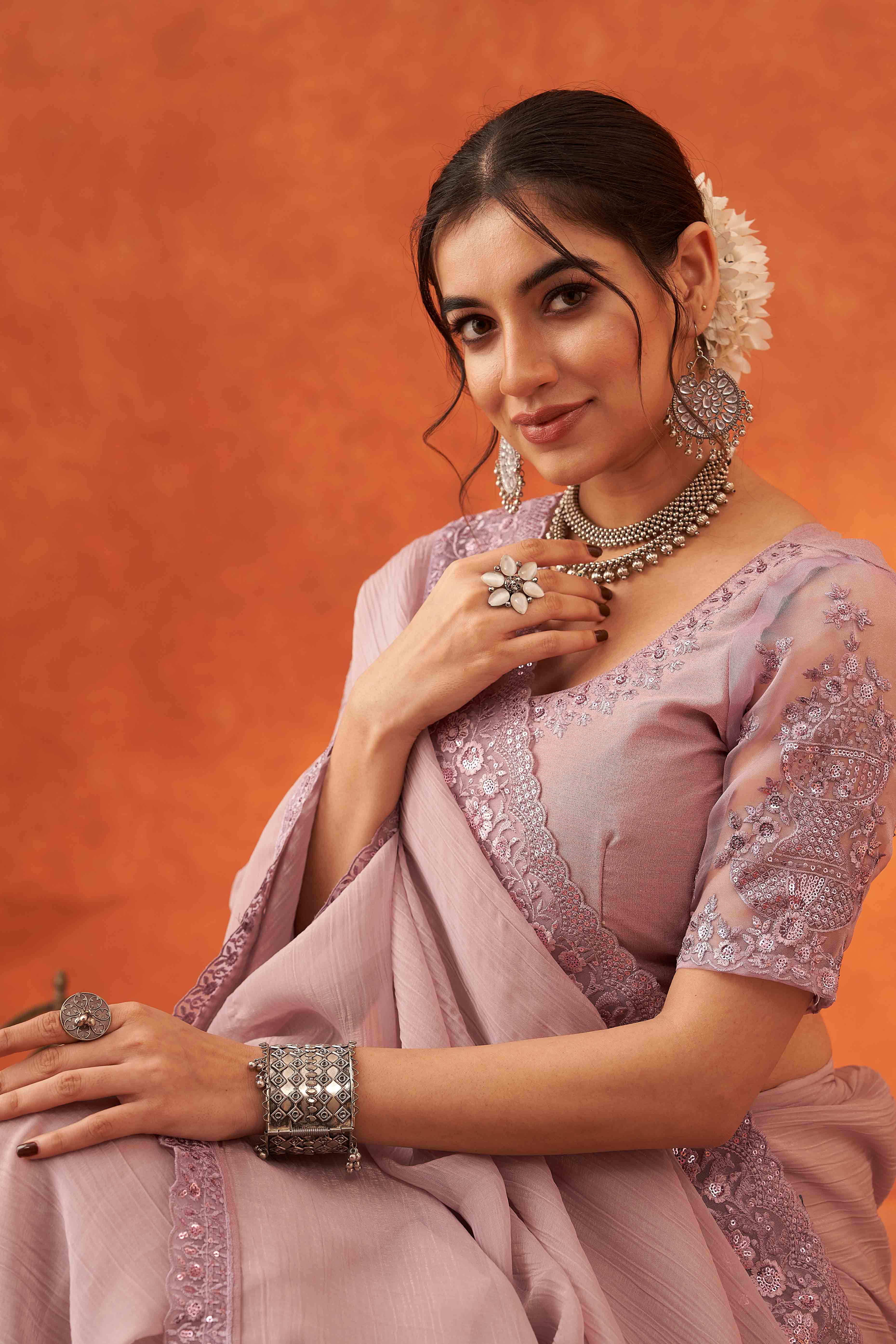 Lavender Embroidered Crunchy Soft Net Saree With Embellished Border - Image 8