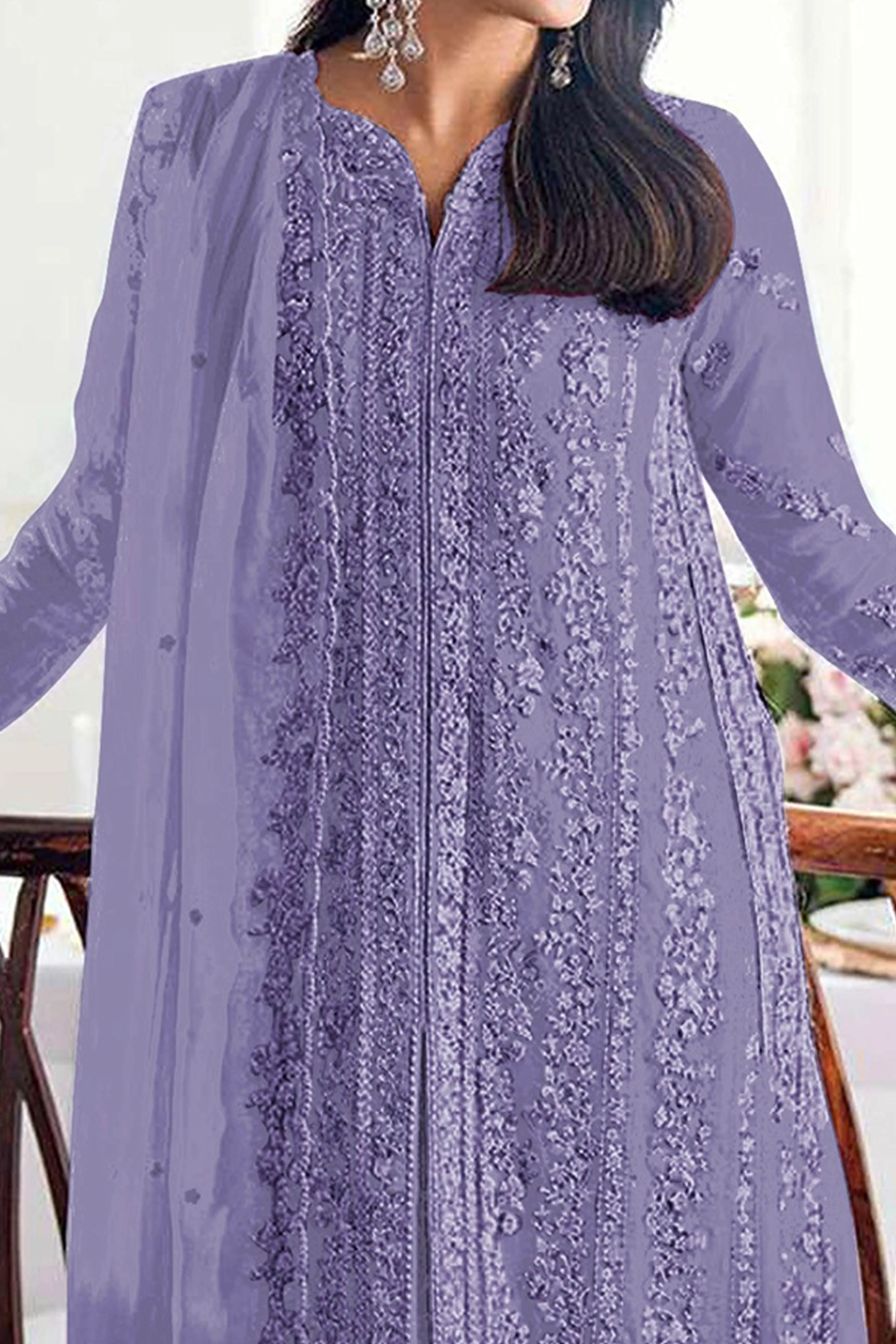 Lavender Embroidered Georgette Semi-Stitched Pakistani Salwar Suit with Shimmering Sequins - Image 2