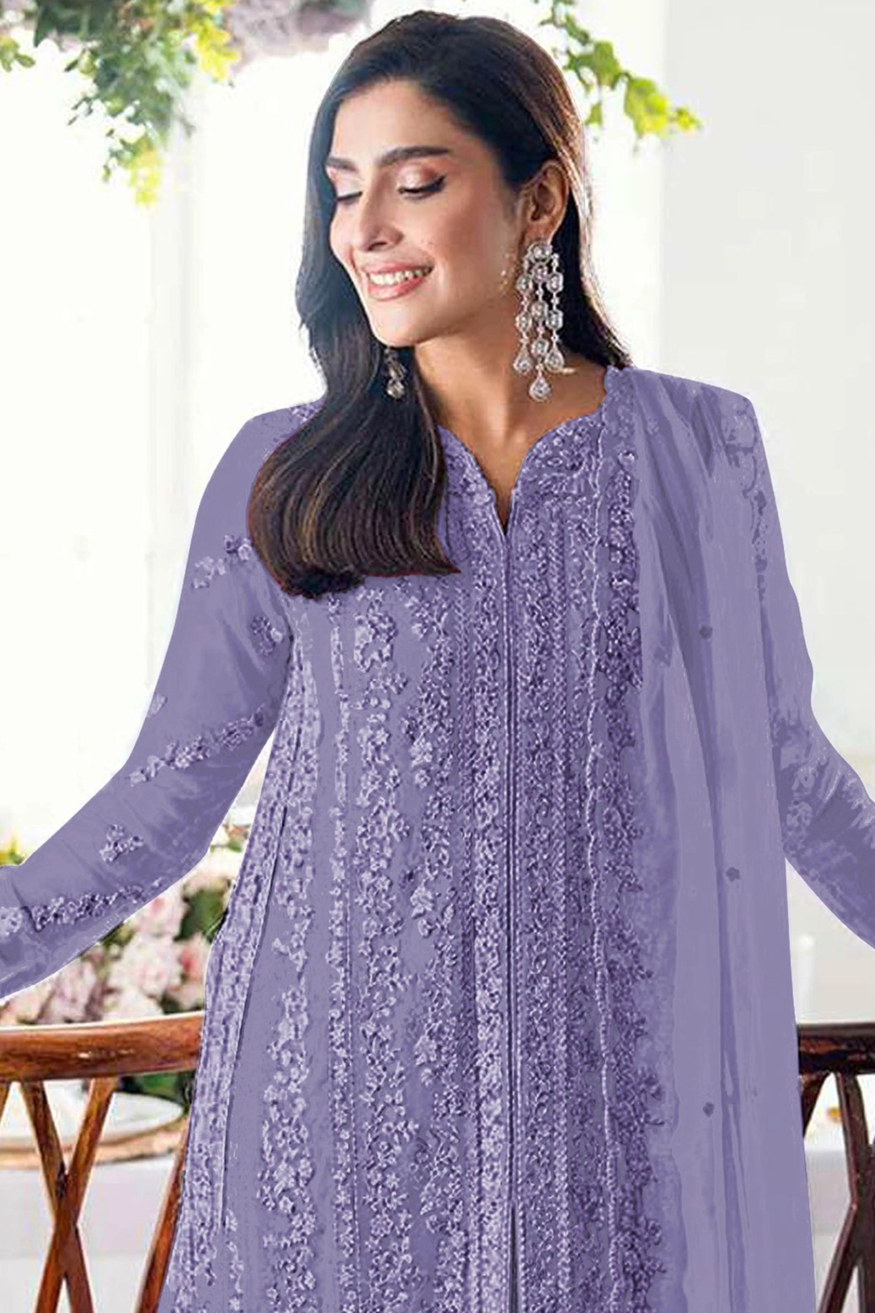 Lavender Embroidered Georgette Semi-Stitched Pakistani Salwar Suit with Shimmering Sequins - Image 3