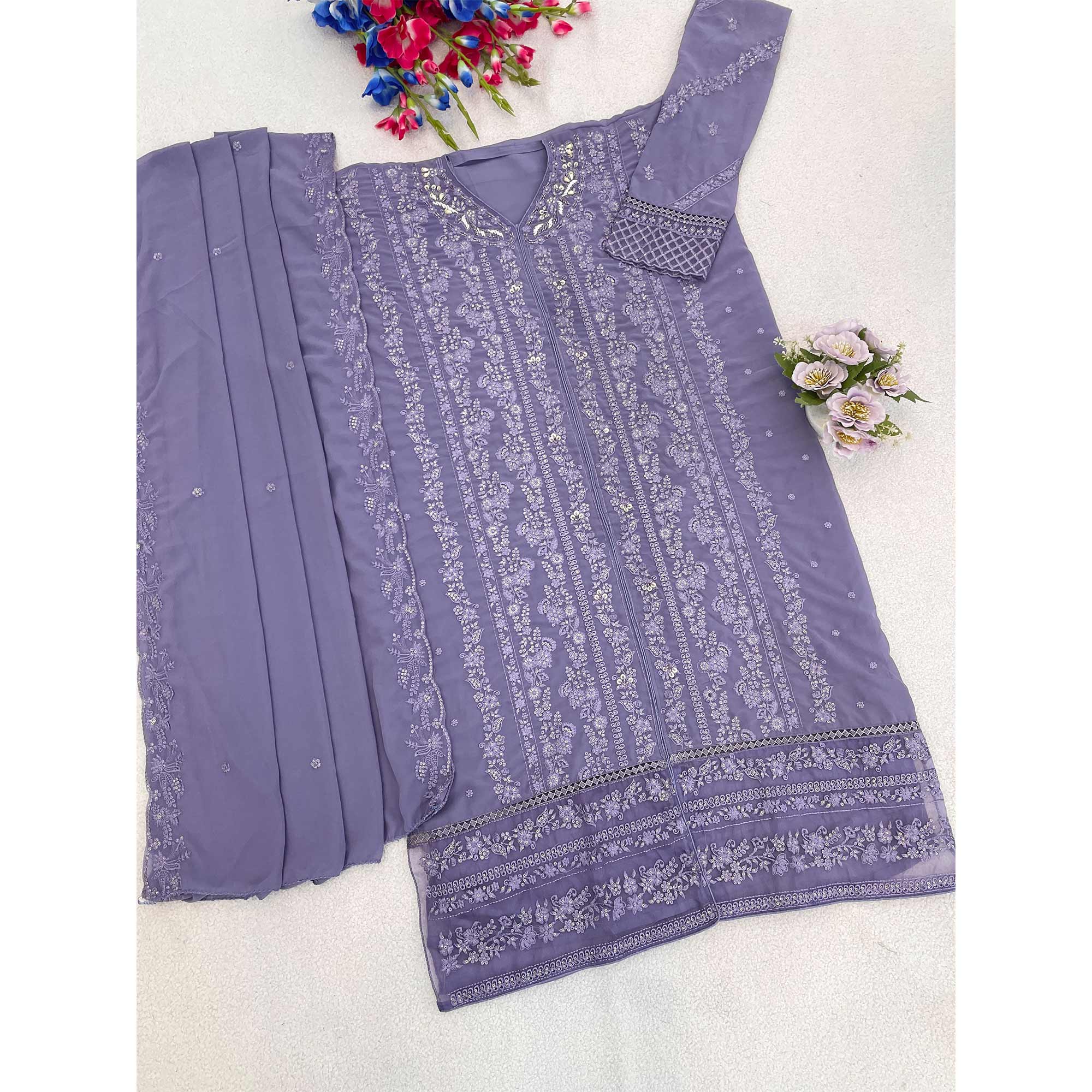 Lavender Embroidered Georgette Semi-Stitched Pakistani Salwar Suit with Shimmering Sequins - Image 4