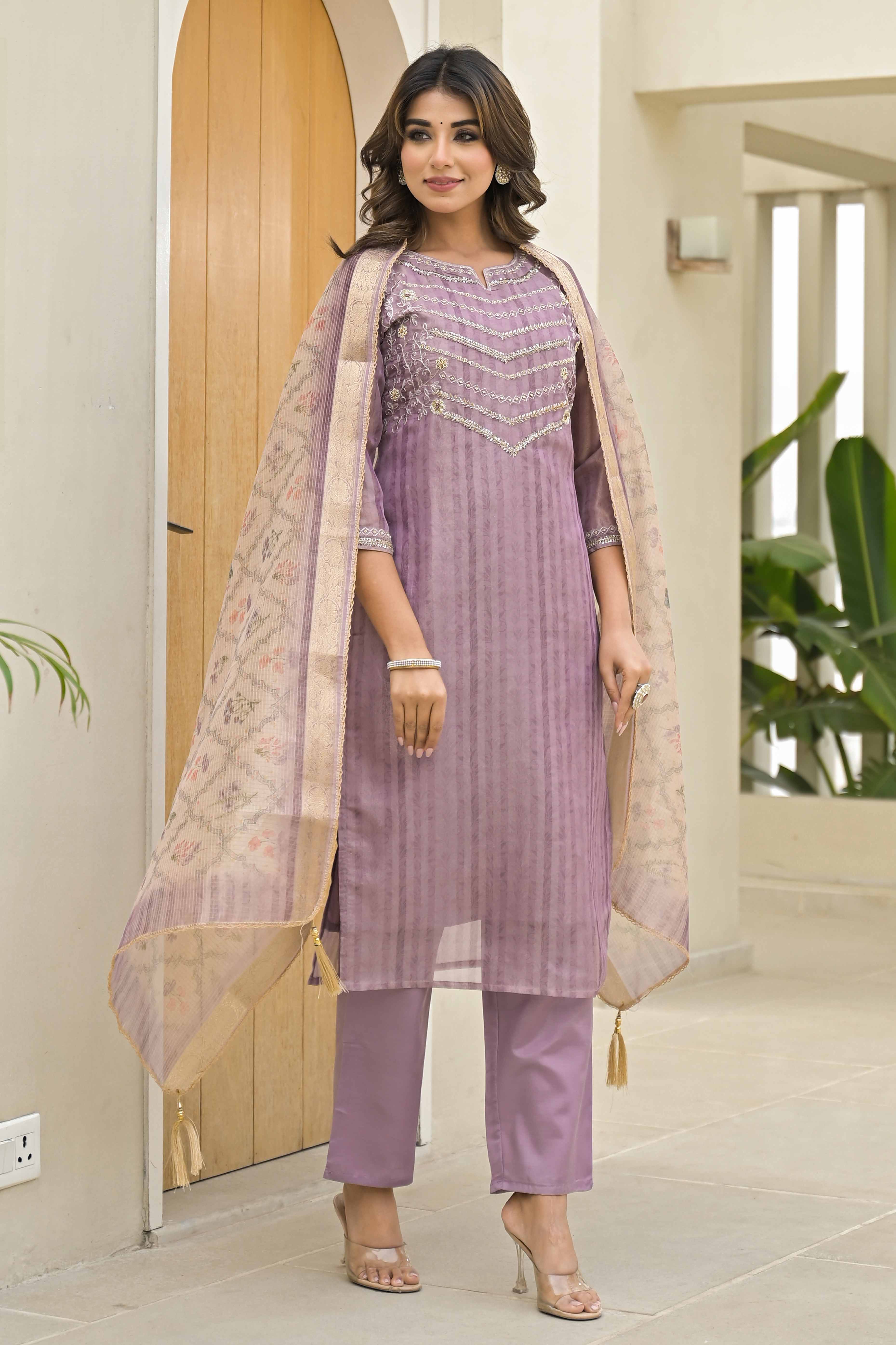 Lavender Embroidered Handwork Crush Chanderi Salwar Suit - Image 4