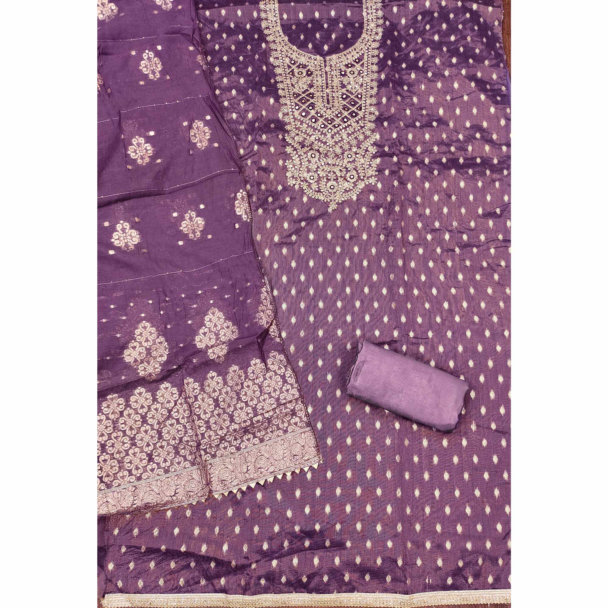 Lavender Embroidered Shimmer Fabric with Beautiful Zari Work for Unstitched Suits - Image 4
