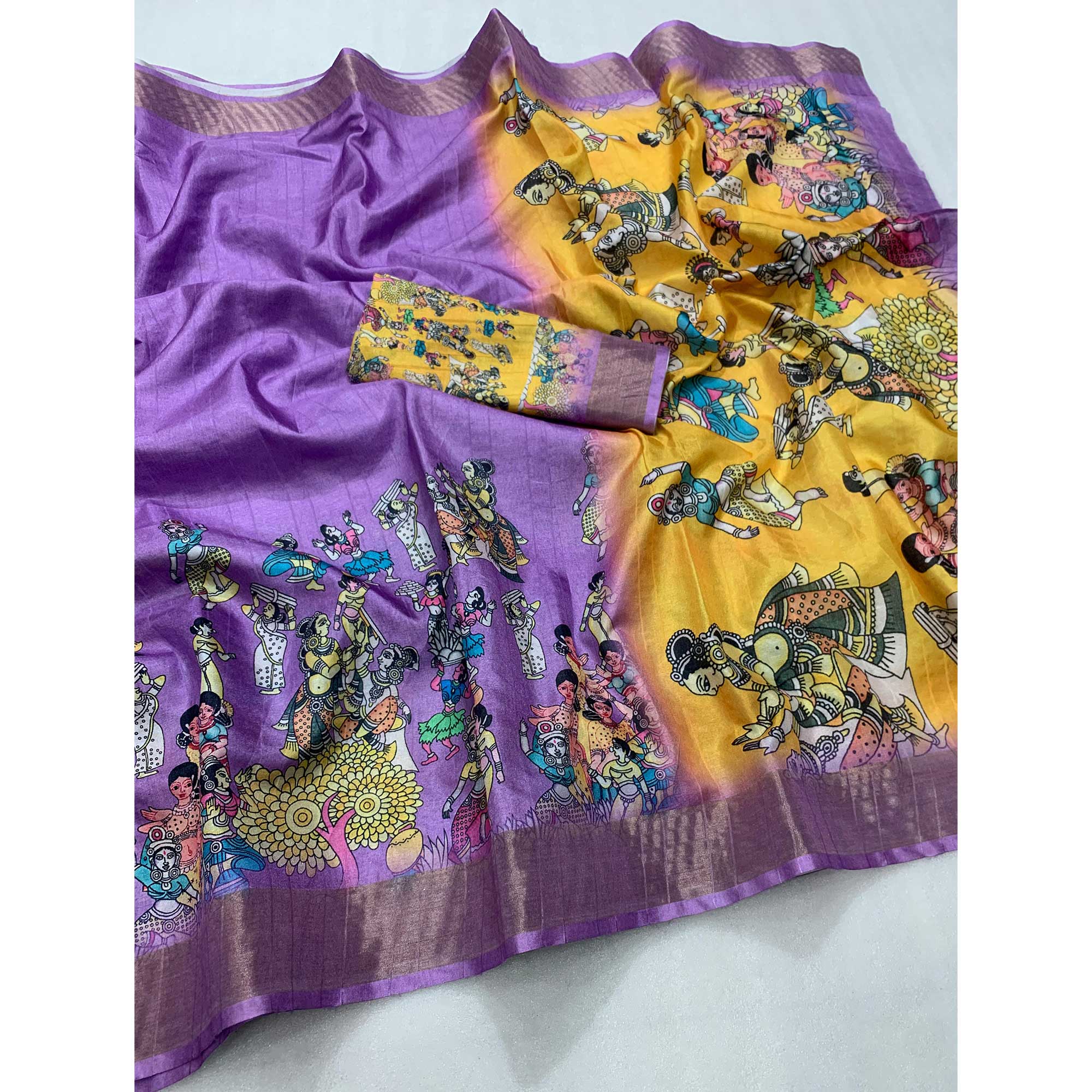 Lavender Floral Digital Printed Tussar Silk Saree - Image 3