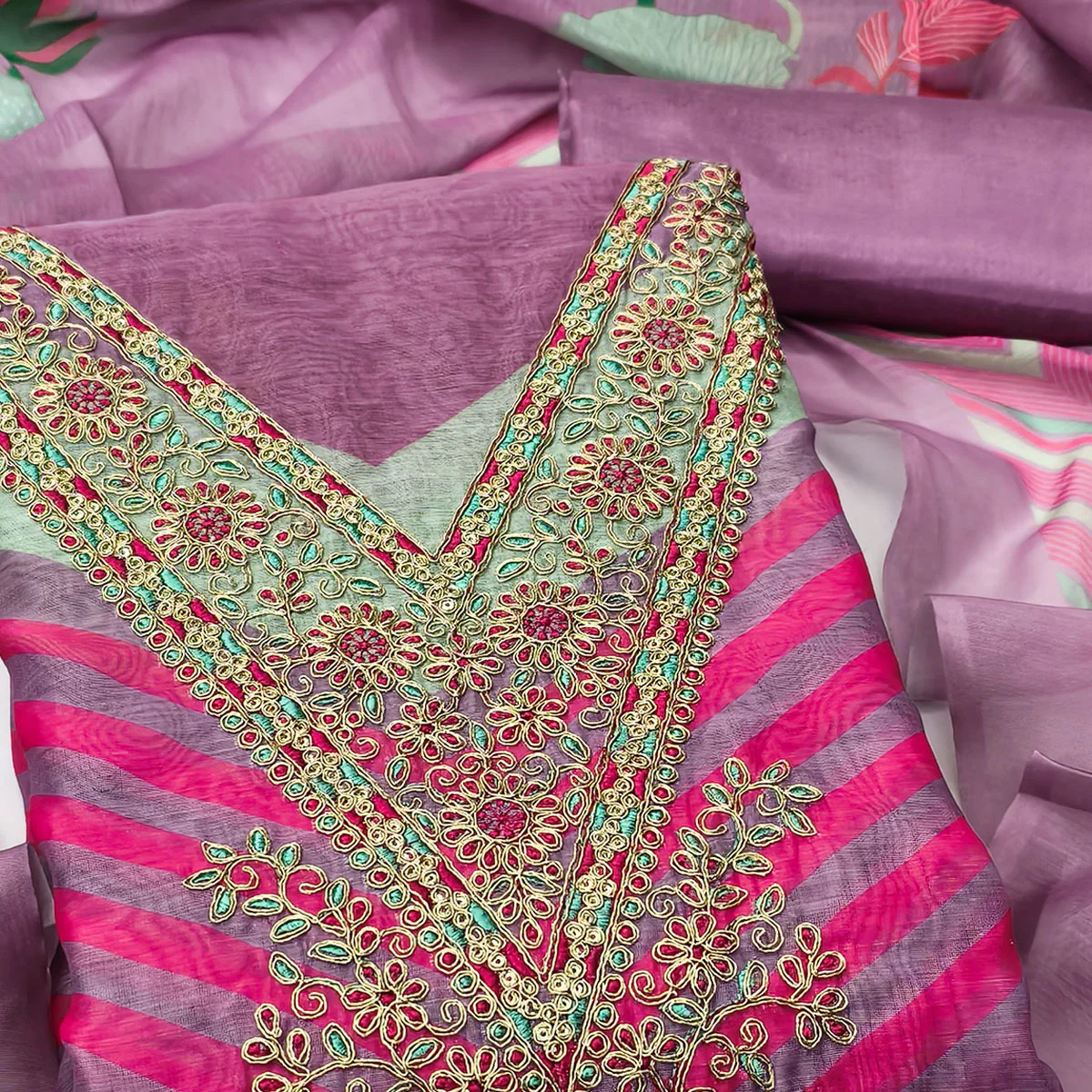 Lavender Floral Digital Printed With Cording Embroidered Vichitra Silk Dress Material - Image 2