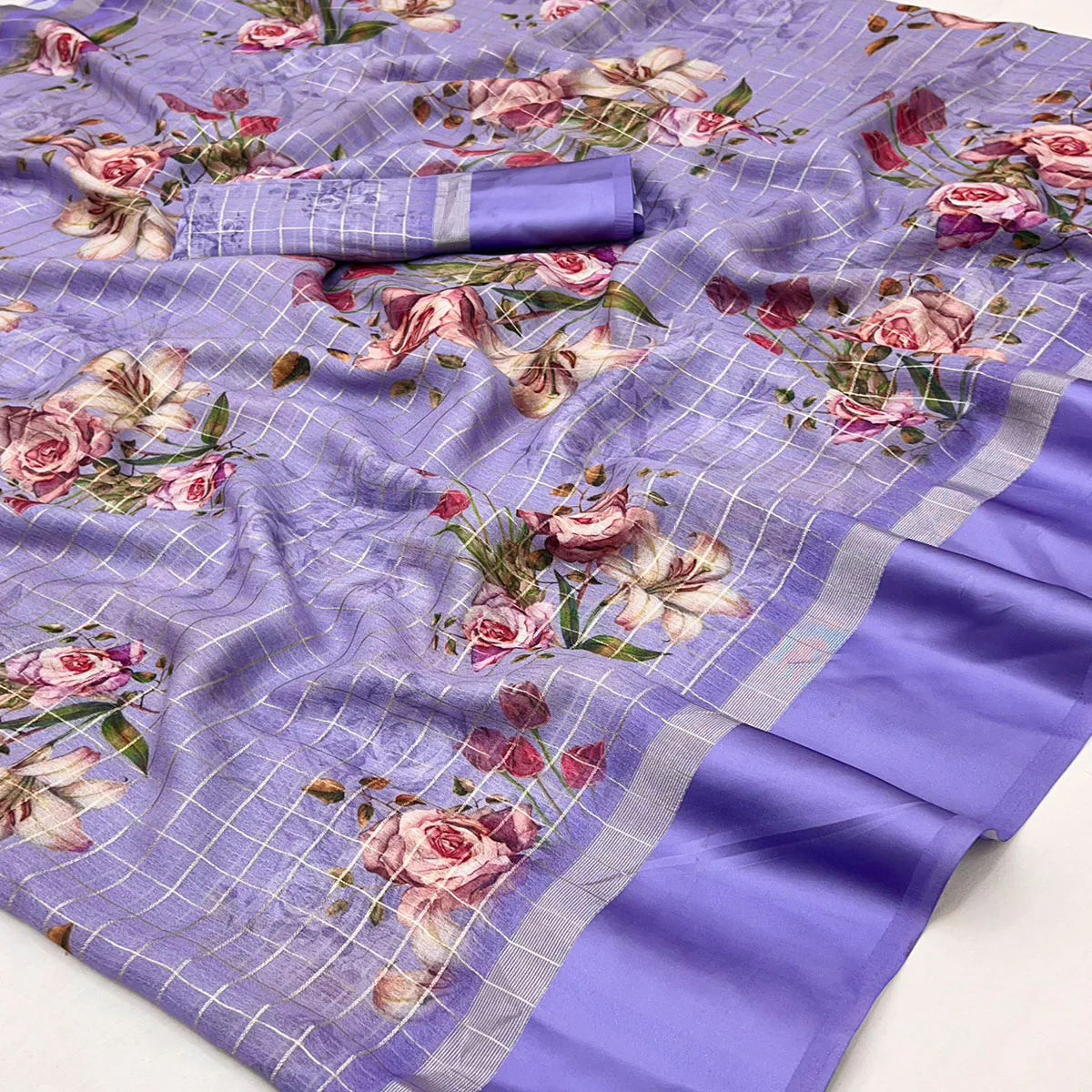 Lavender Floral Digital Printed With Zari Woven Georgette Saree - Image 2