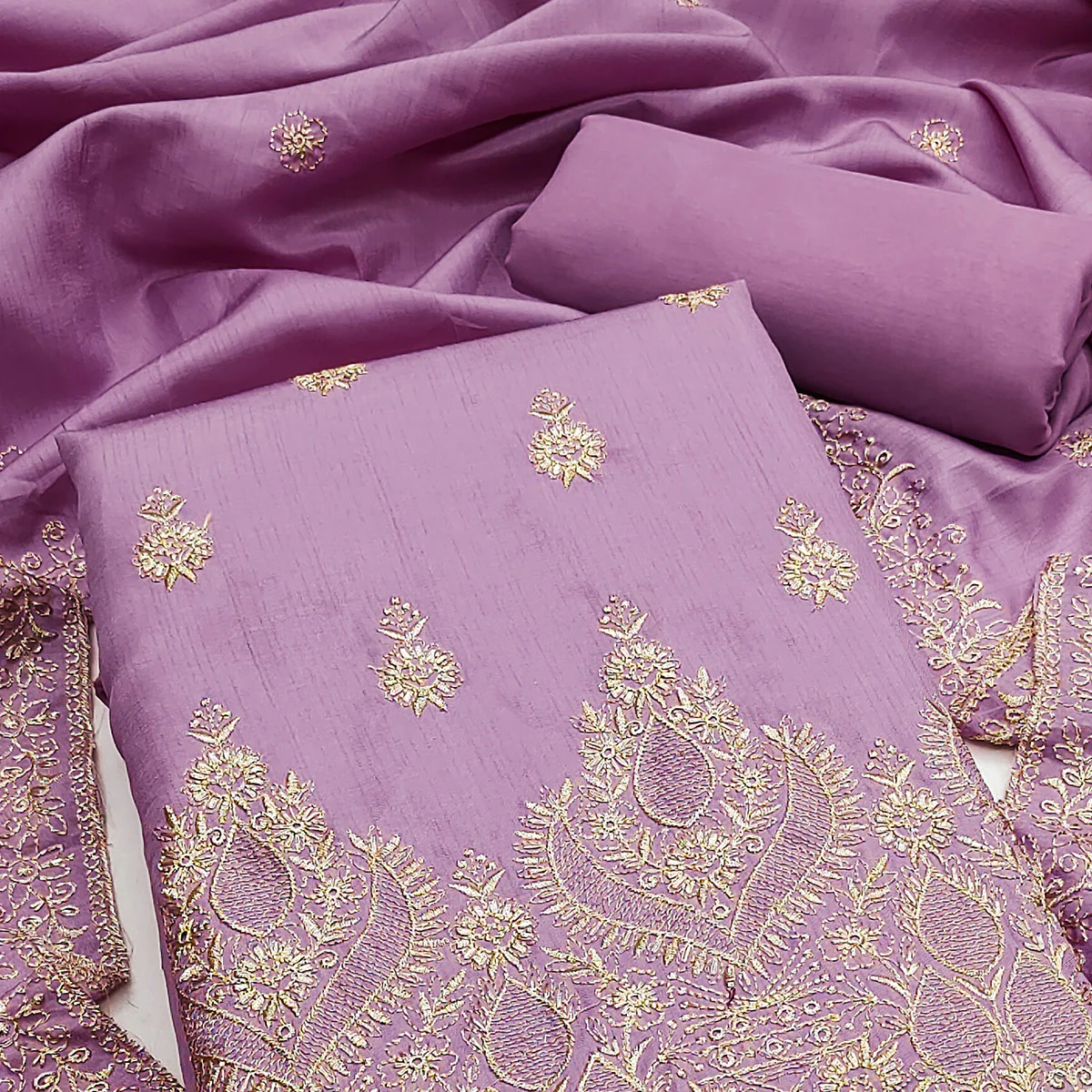 Lavender Floral Embroidered Cotton Blend Dress Material - Image 2