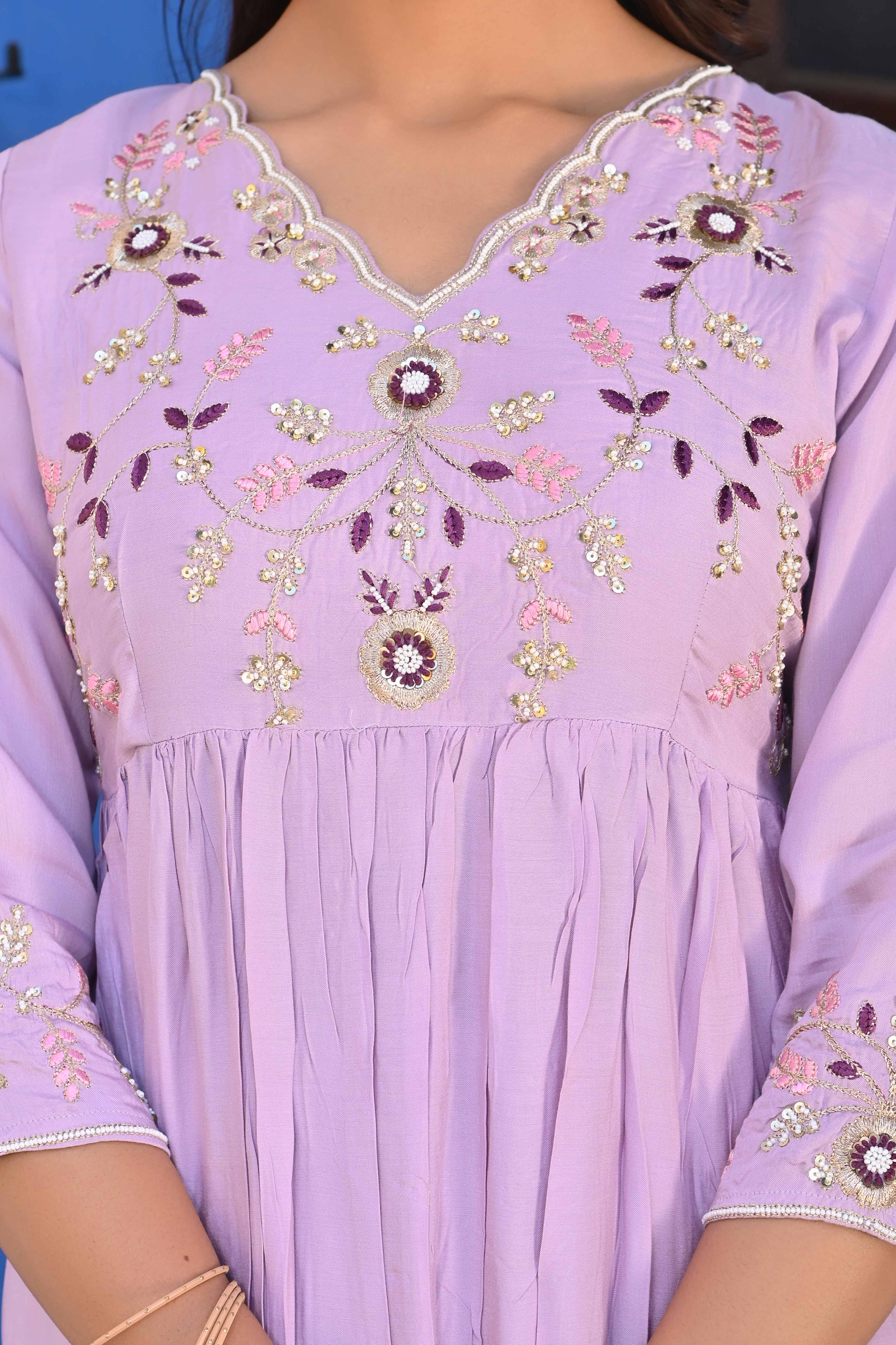 Lavender Floral Embroidered Muslin Anarkali Salwar Suit - Image 2