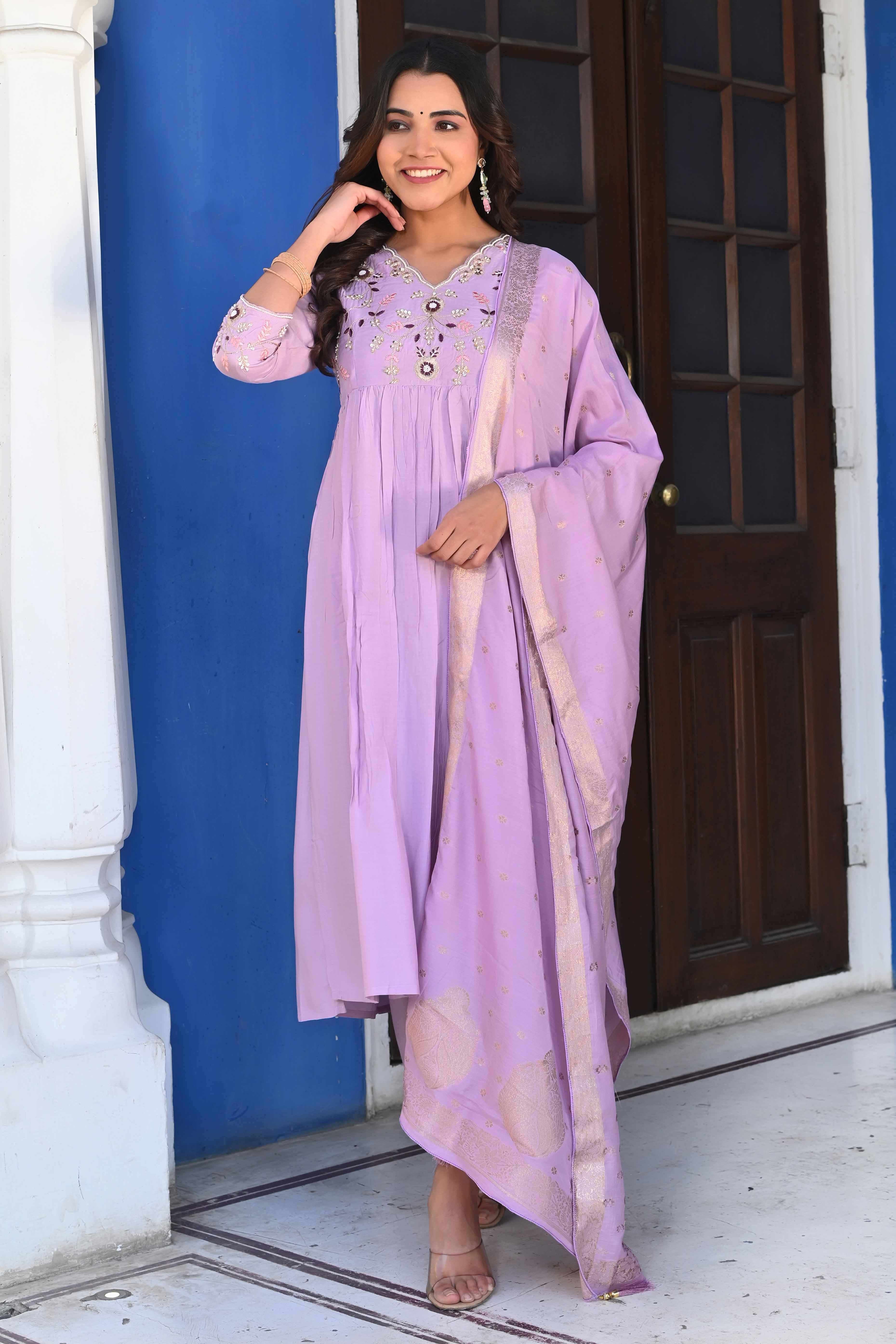 Lavender Floral Embroidered Muslin Anarkali Salwar Suit - Image 3