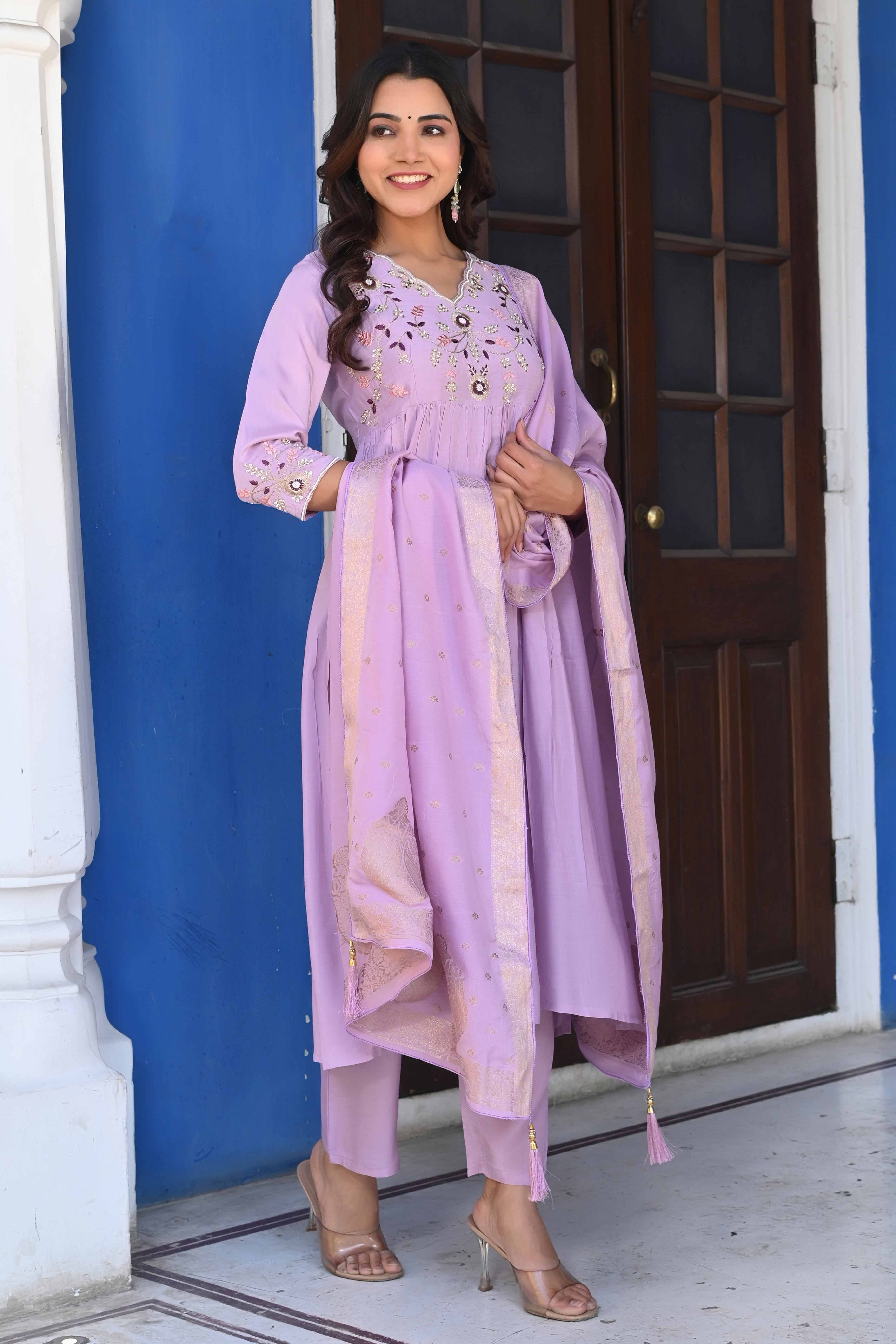 Lavender Floral Embroidered Muslin Anarkali Salwar Suit - Image 4