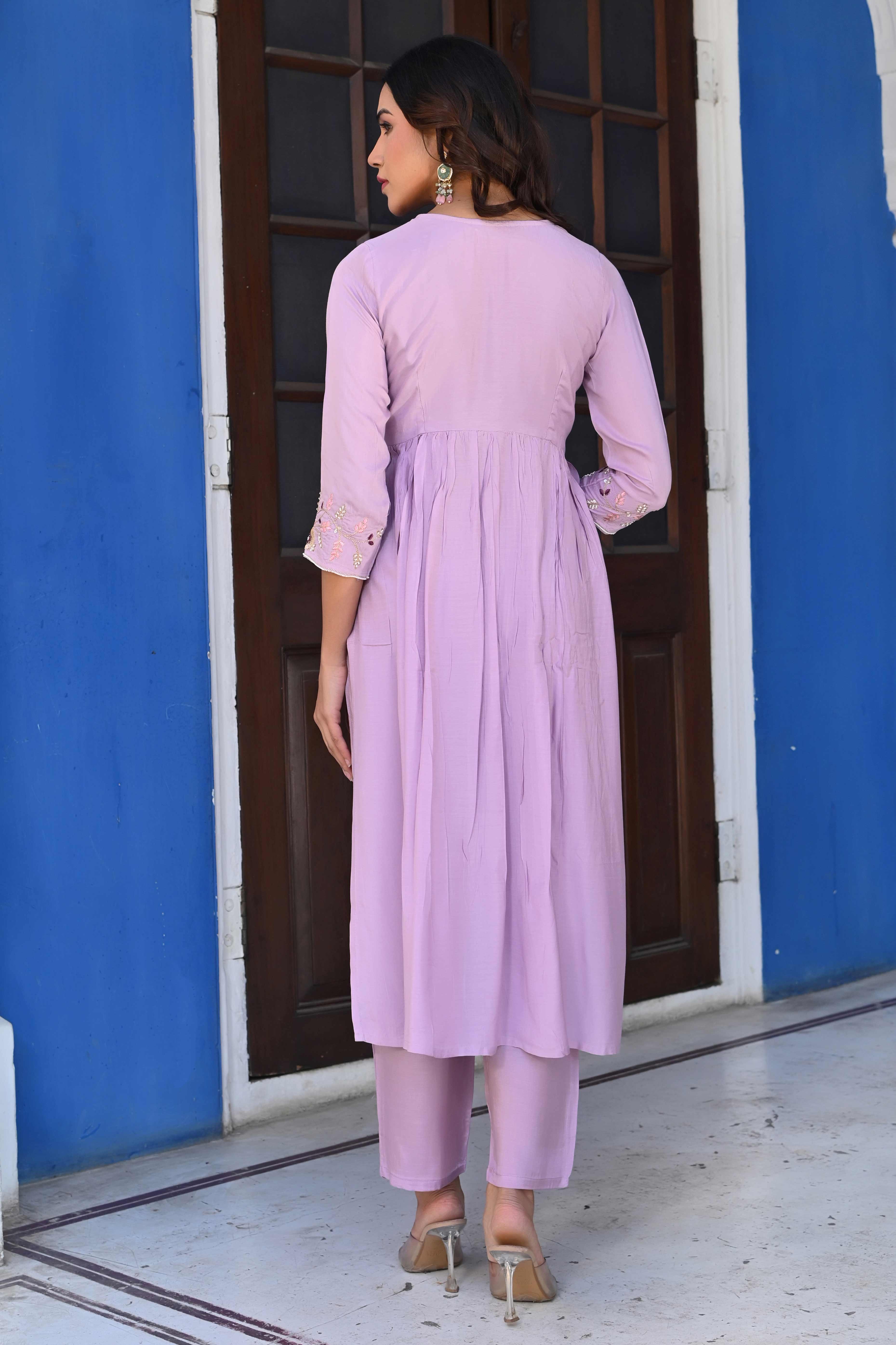 Lavender Floral Embroidered Muslin Anarkali Salwar Suit - Image 6