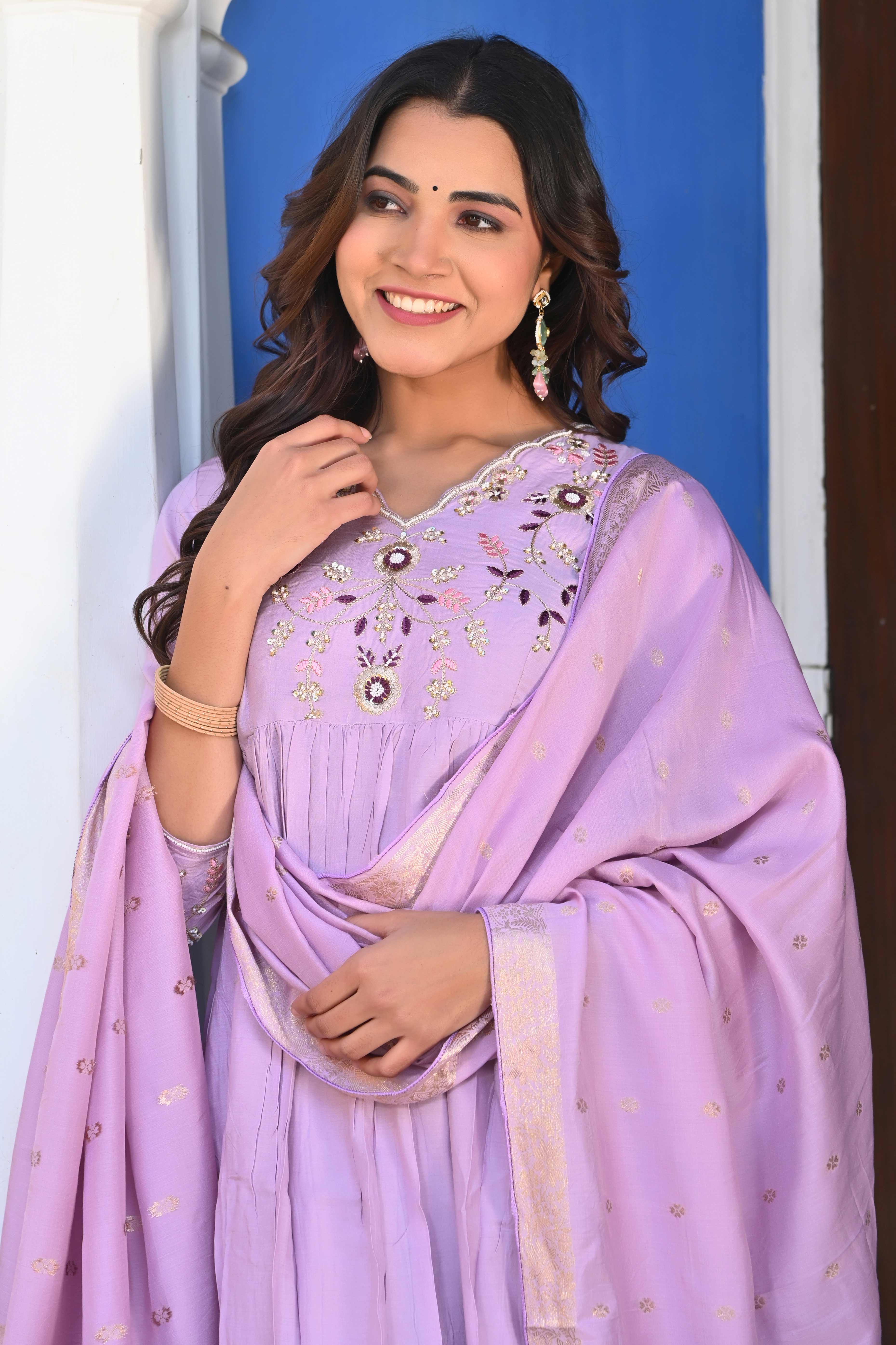 Lavender Floral Embroidered Muslin Anarkali Salwar Suit - Image 7