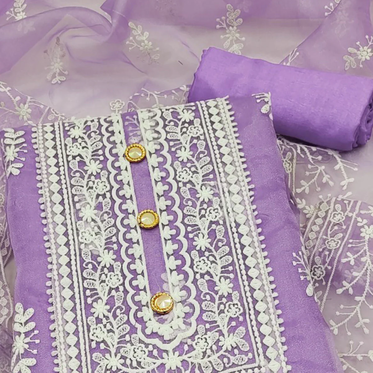 Lavender Floral Embroidered Organza Dress Material - Image 2
