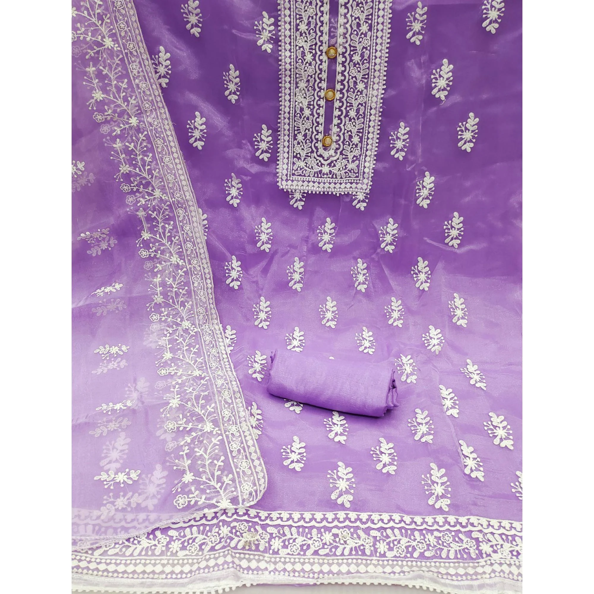 Lavender Floral Embroidered Organza Dress Material - Image 3