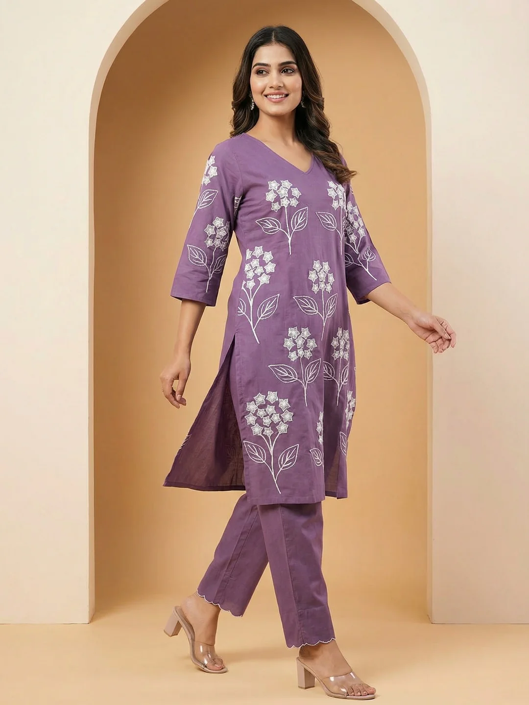 Lavender Floral Embroidered Pure Cotton A-Line Kurta and Bottom Set for Elegant Ethnic Wear