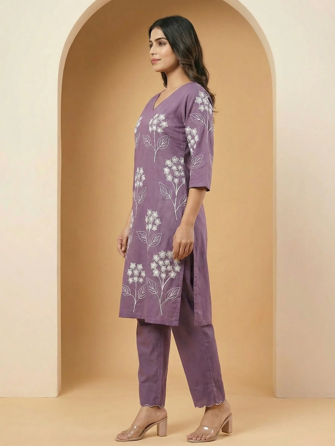 Lavender Floral Embroidered Pure Cotton A-Line Kurta and Bottom Set for Elegant Ethnic Wear - Image 3