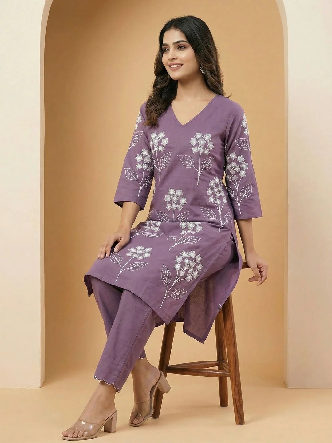 Lavender Floral Embroidered Pure Cotton A-Line Kurta and Bottom Set for Elegant Ethnic Wear - Image 4