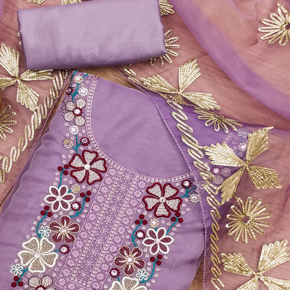 Lavender Floral Embroidered Soft Organza Dress Material - Image 2