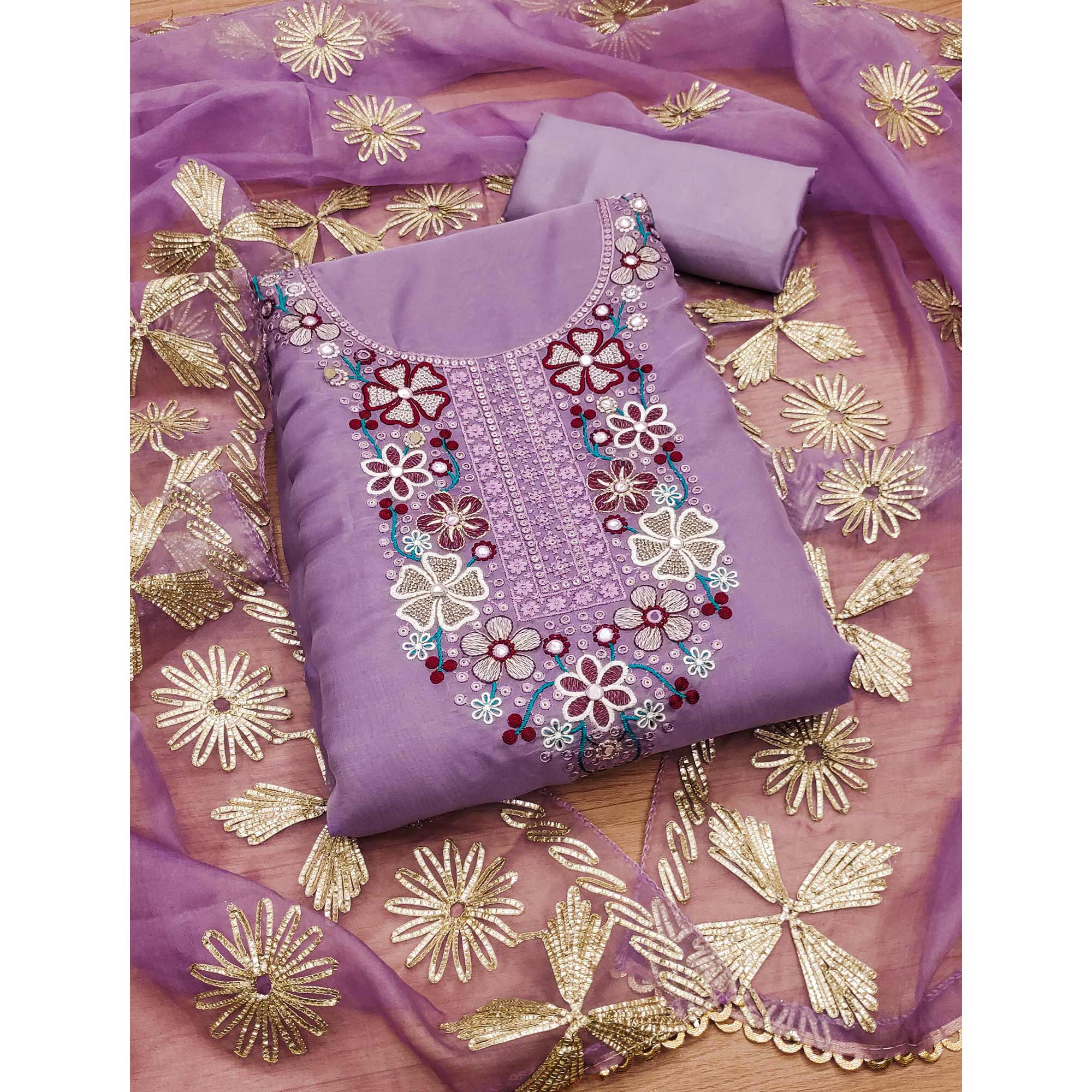 Lavender Floral Embroidered Soft Organza Dress Material - Image 3