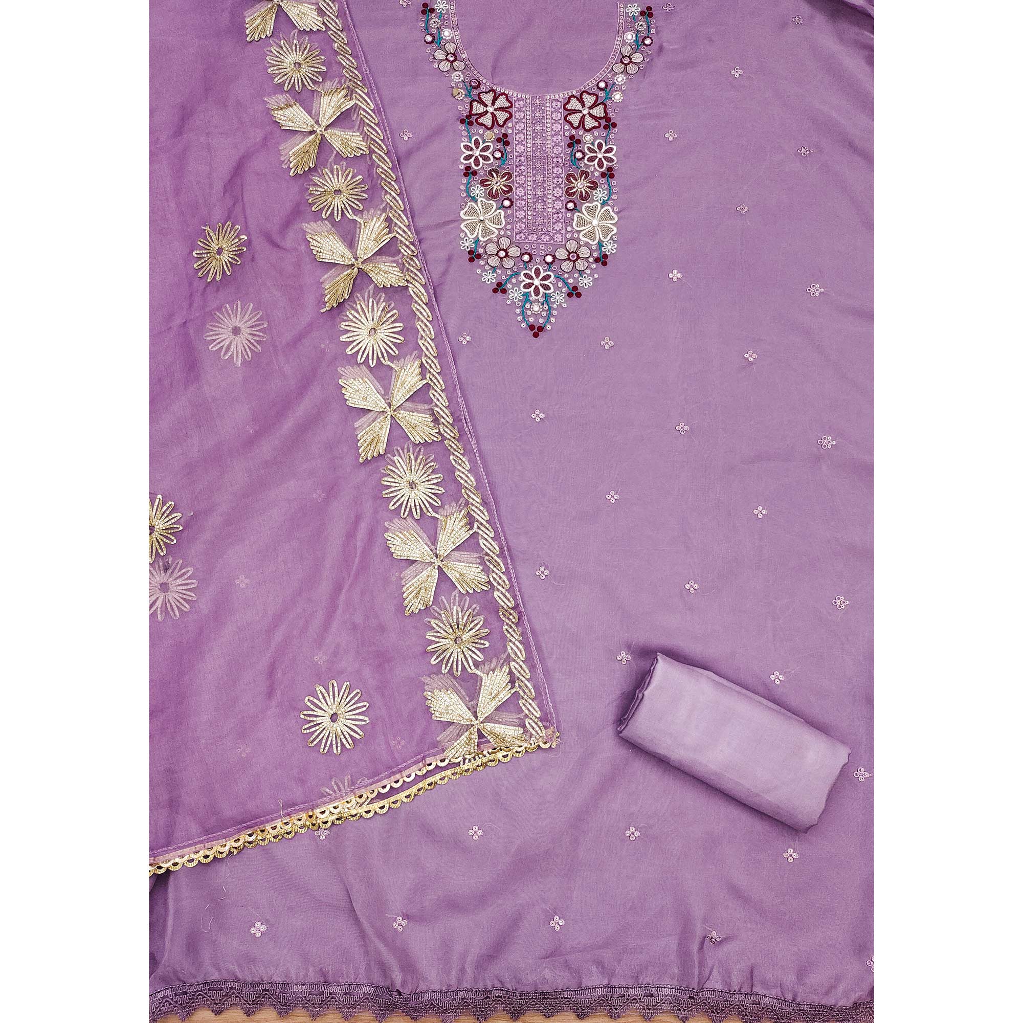 Lavender Floral Embroidered Soft Organza Dress Material - Image 4