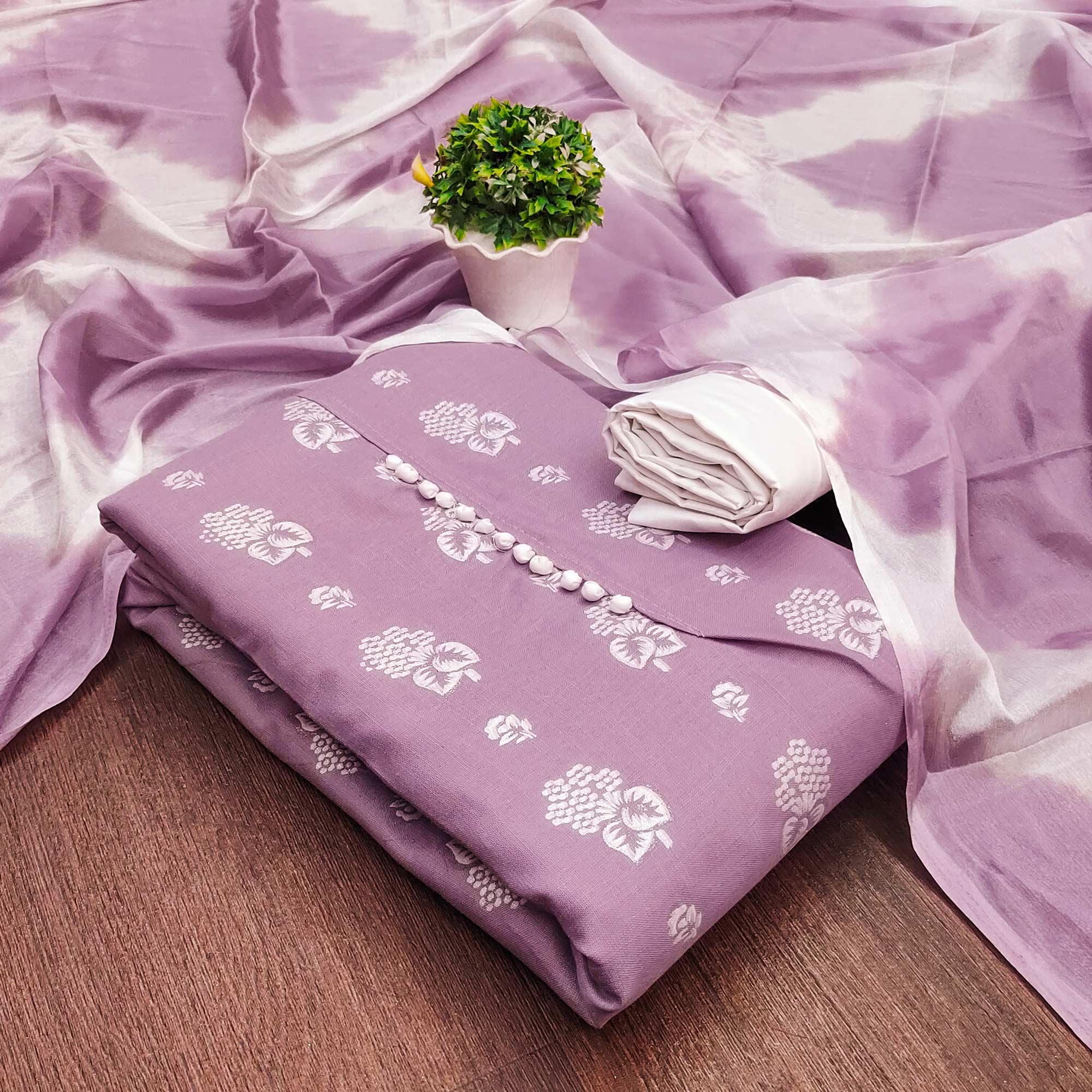 Lavender Floral Foil Printed Cotton Blend Dress Material - Image 3