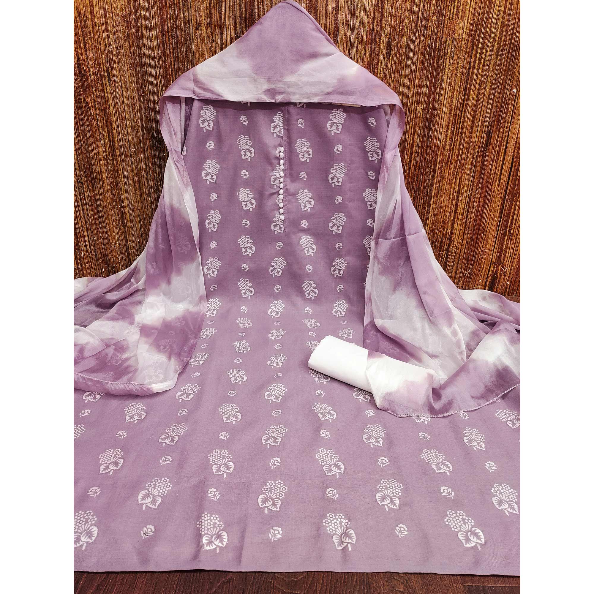 Lavender Floral Foil Printed Cotton Blend Dress Material - Image 4