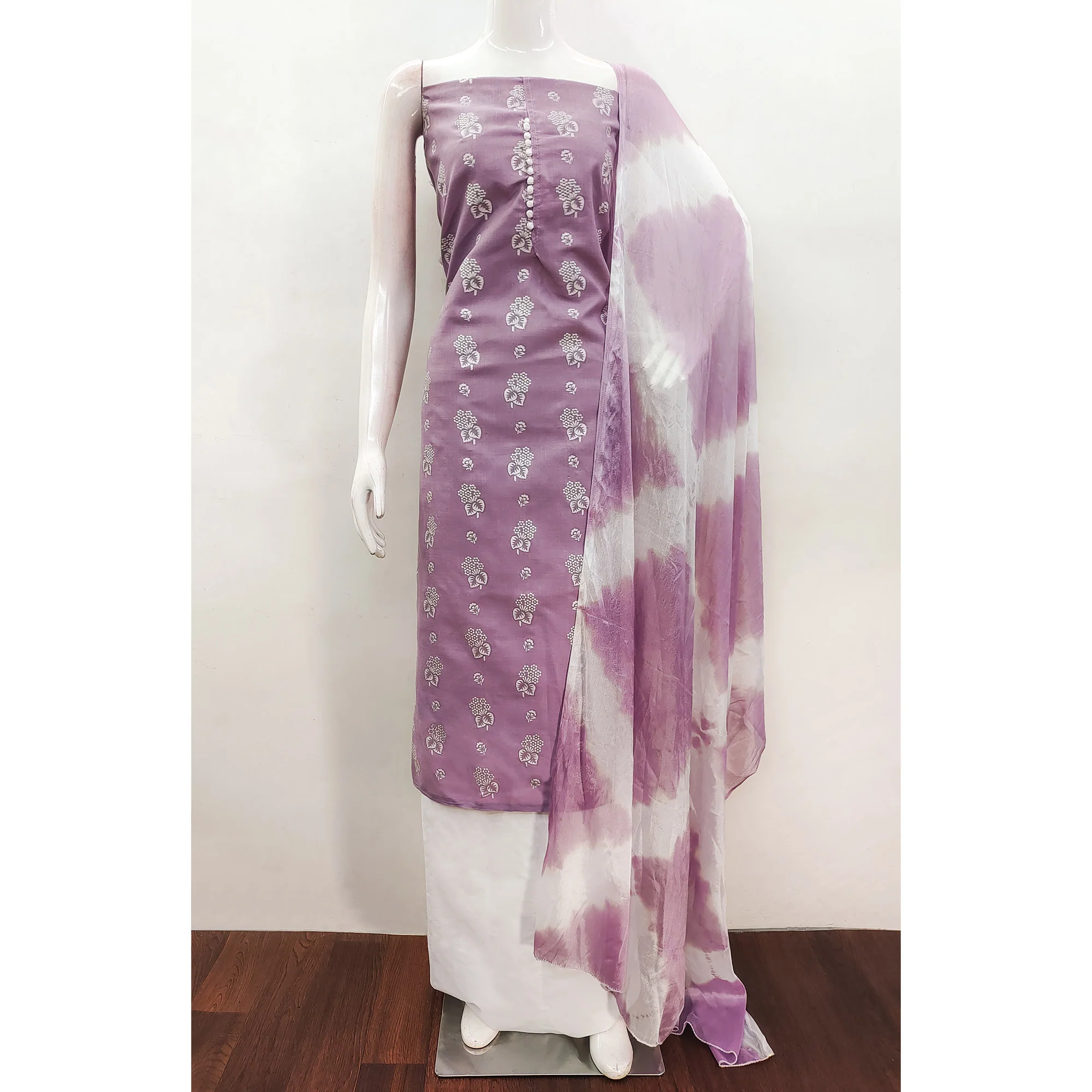 Lavender Floral Foil Printed Cotton Blend Dress Material - Image 5