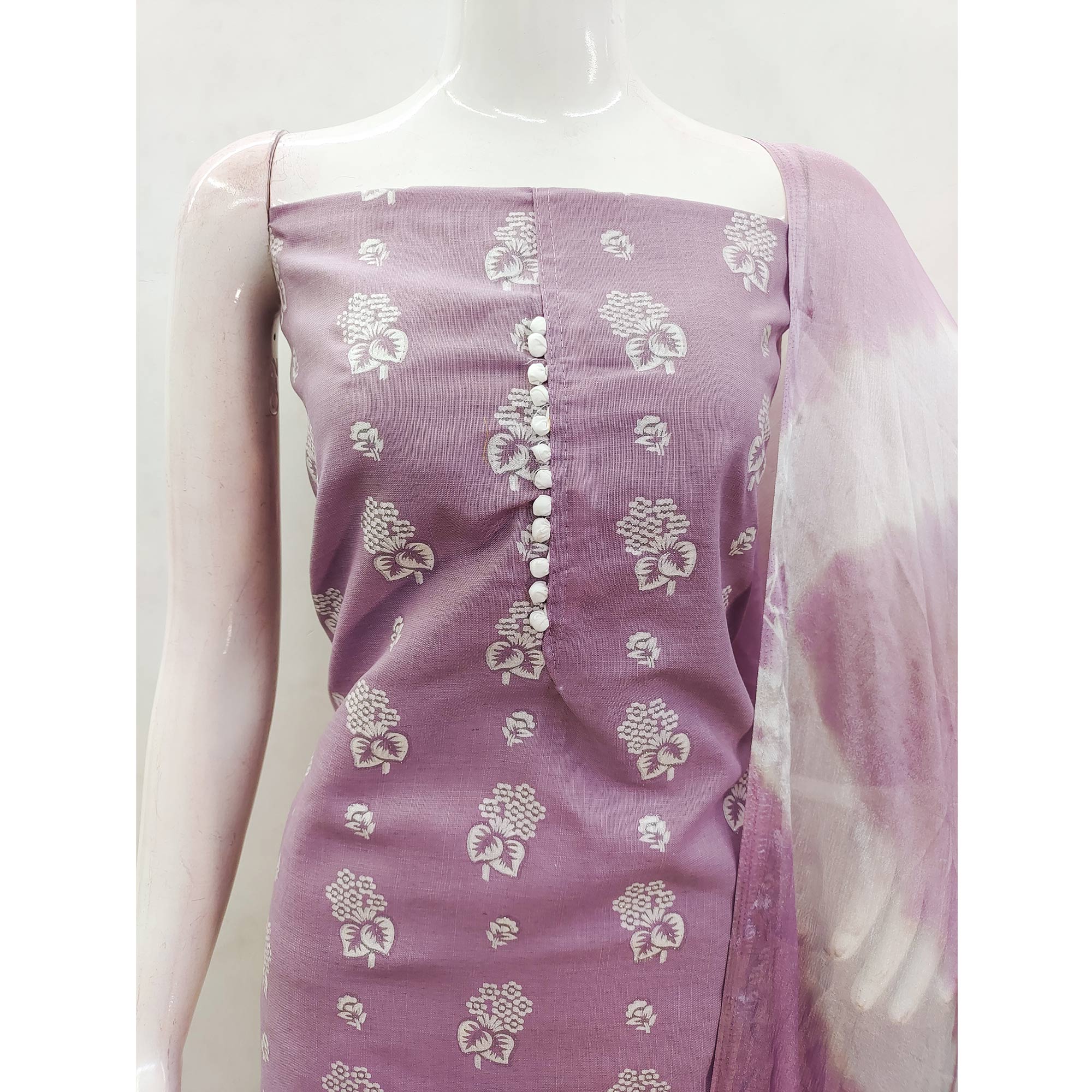 Lavender Floral Foil Printed Cotton Blend Dress Material - Image 6