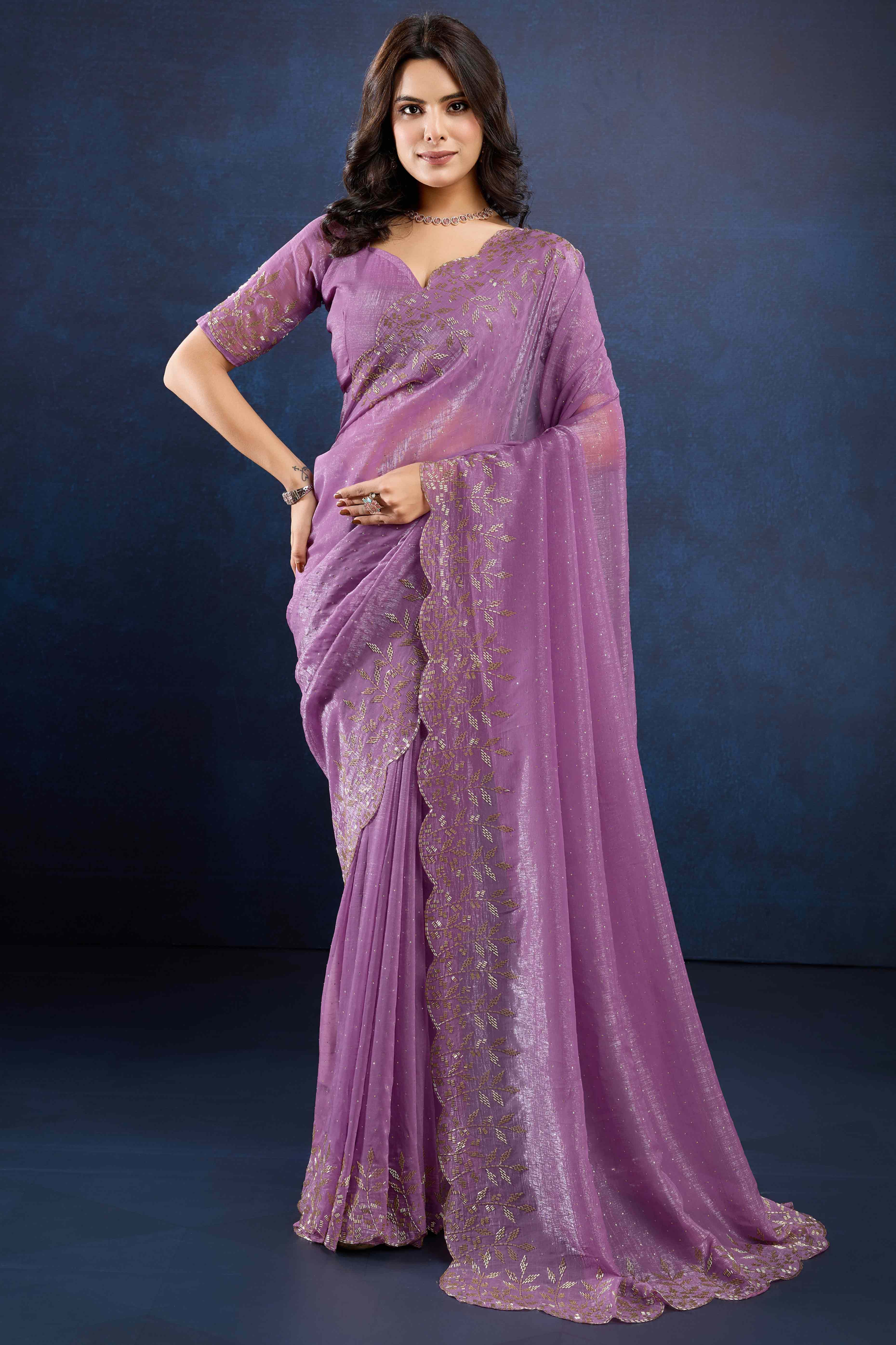 Lavender Floral Handwork Crush Silk Fancy Fabric Saree - Image 3