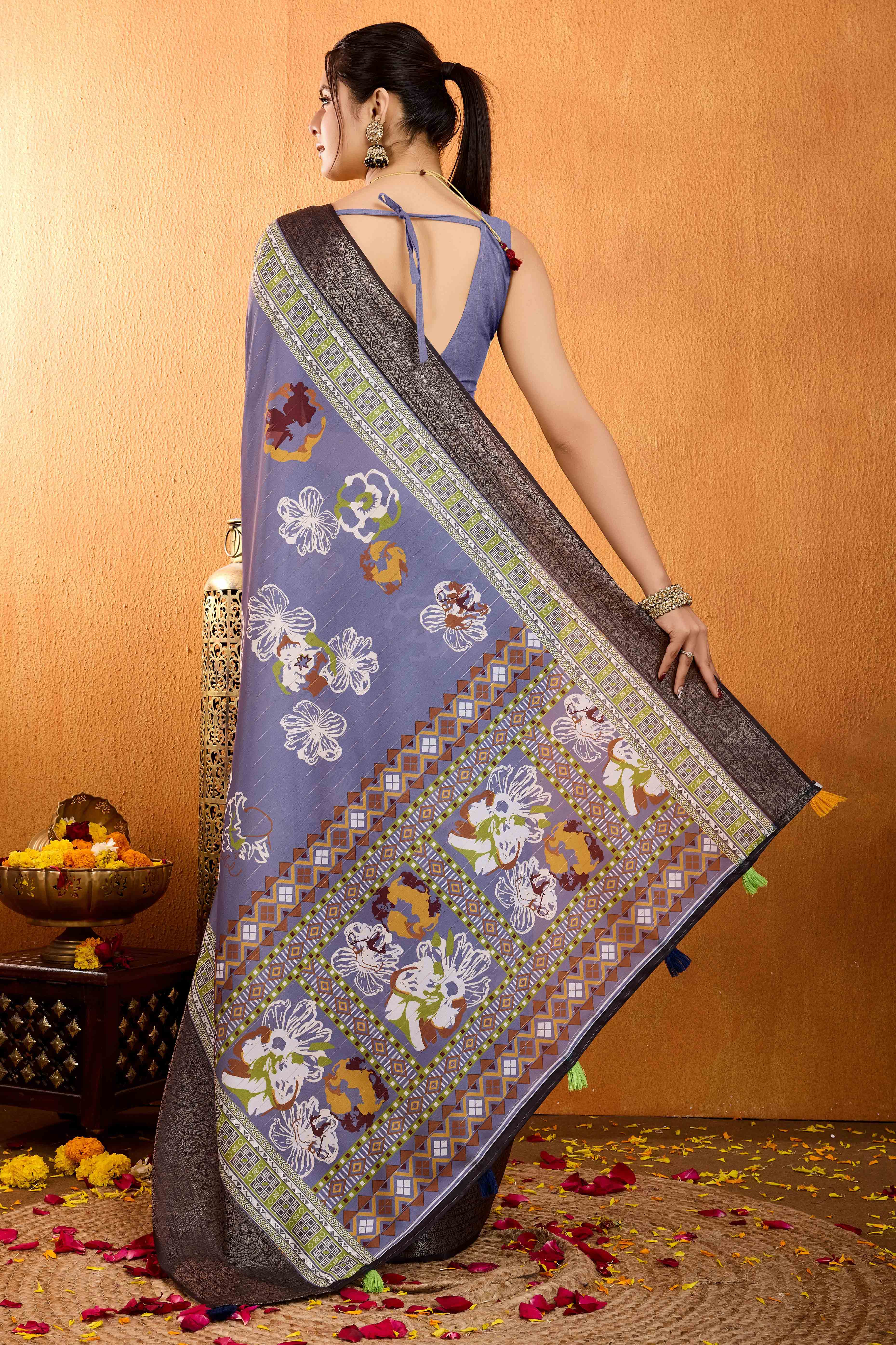 Lavender Floral Printed Crepe Saree With Rich Zari Border - Image 5