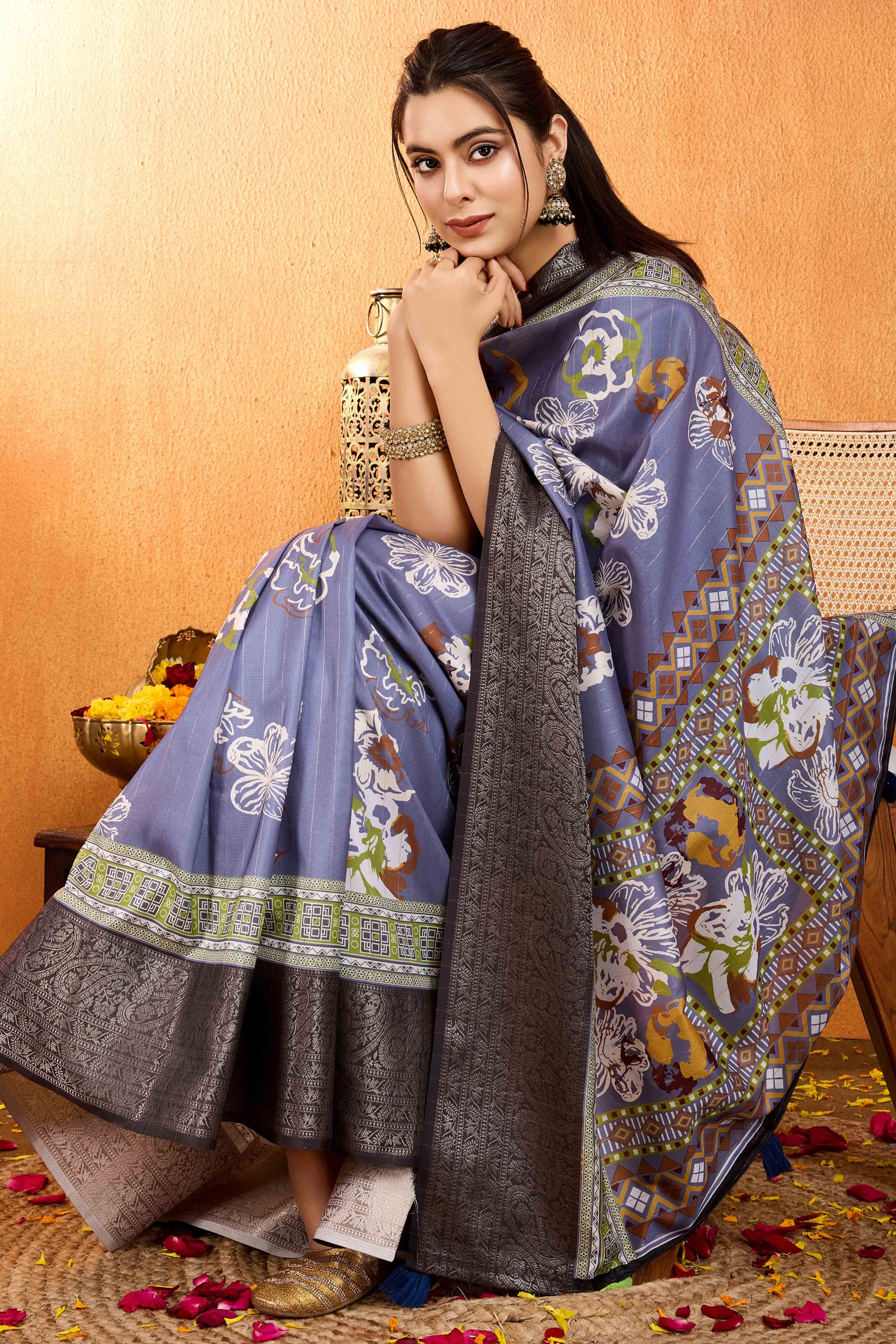 Lavender Floral Printed Crepe Saree With Rich Zari Border - Image 6