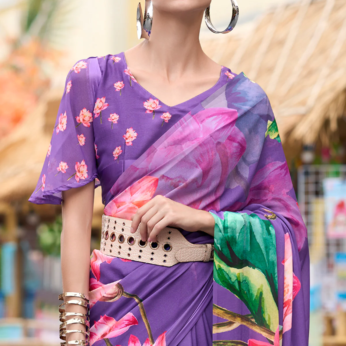 Lavender Floral Printed Georgette Saree - Image 3