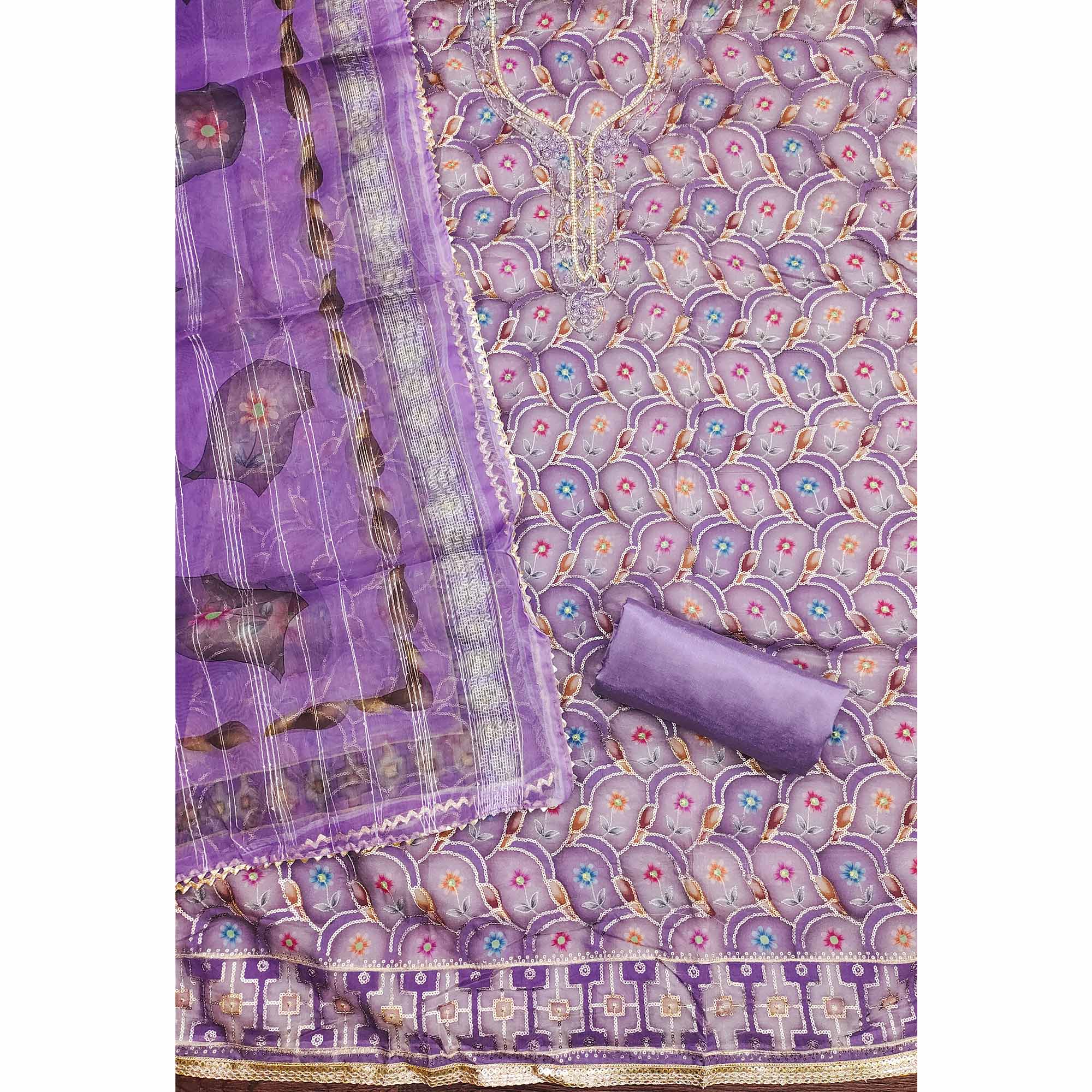 Lavender Floral Printed Organza Dress Material With Sequins Embroidery & Handwork - Image 4
