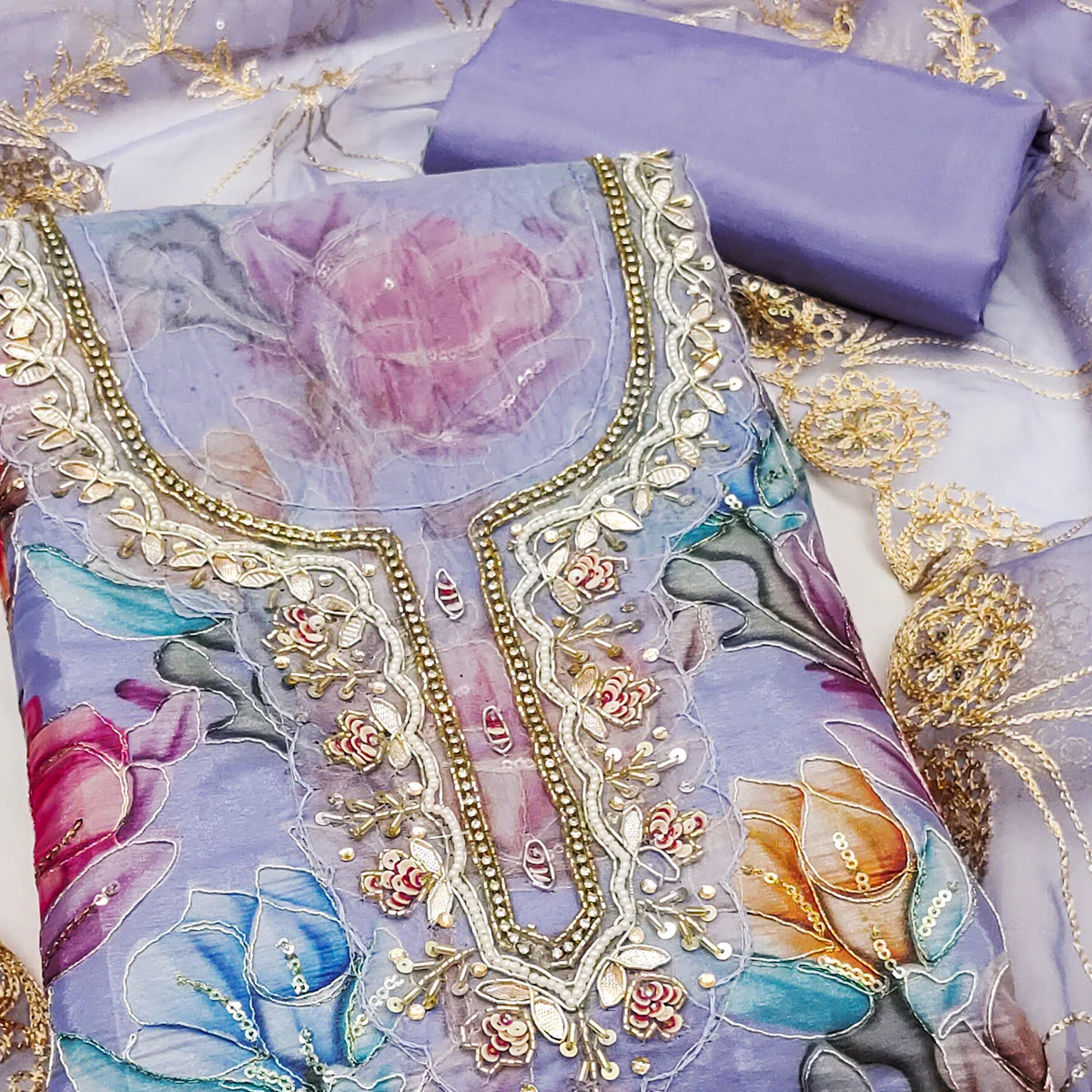 Lavender Floral Printed Organza Suit Fabric Adorned with Delicate Hand Beads Work - Image 2