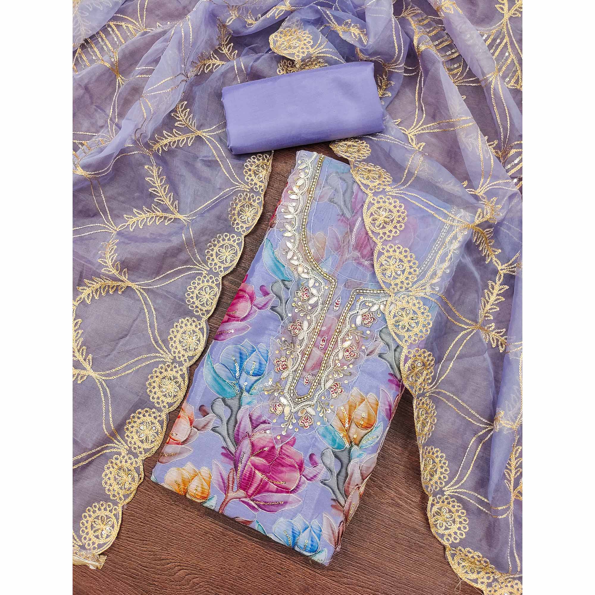 Lavender Floral Printed Organza Suit Fabric Adorned with Delicate Hand Beads Work - Image 3