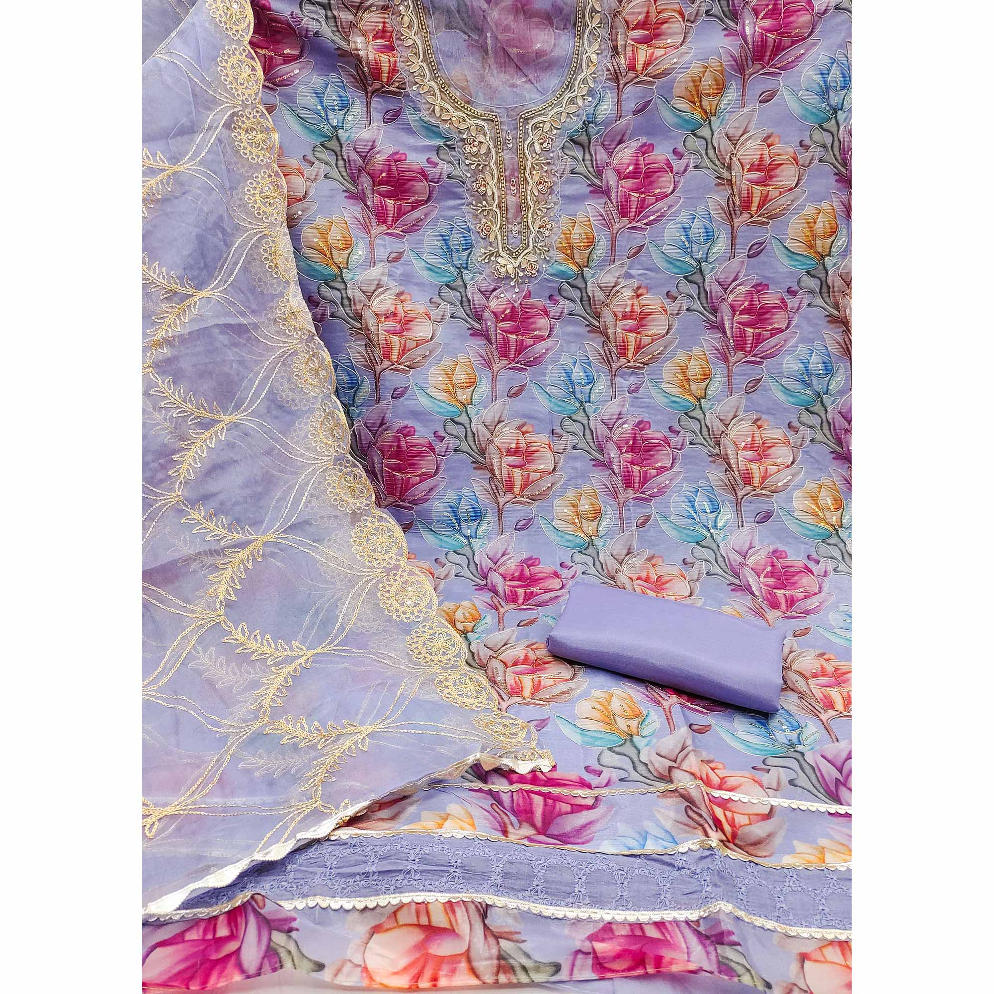 Lavender Floral Printed Organza Suit Fabric Adorned with Delicate Hand Beads Work - Image 4