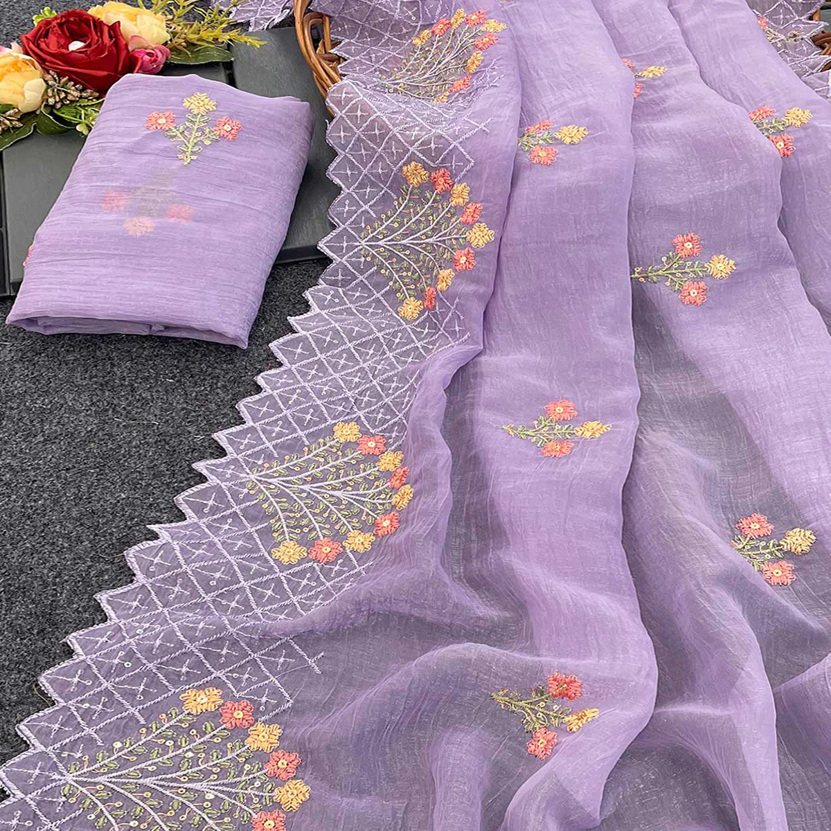 Lavender Floral Sequins Embroidered Art Silk Crush Saree - Image 2