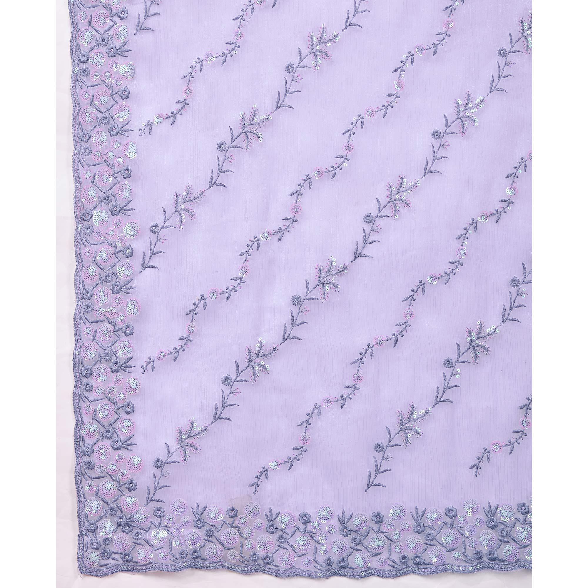 Lavender Floral Sequins Embroidered Burberry Silk Saree - Image 8